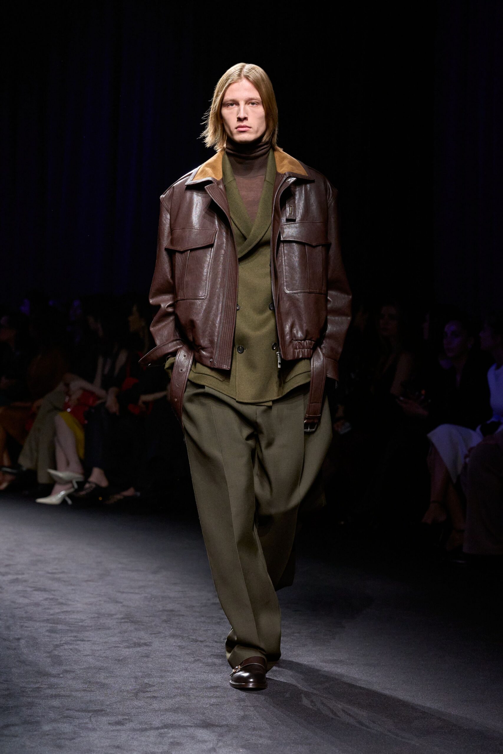 brown leather long-sleeve collared relaxed jacket