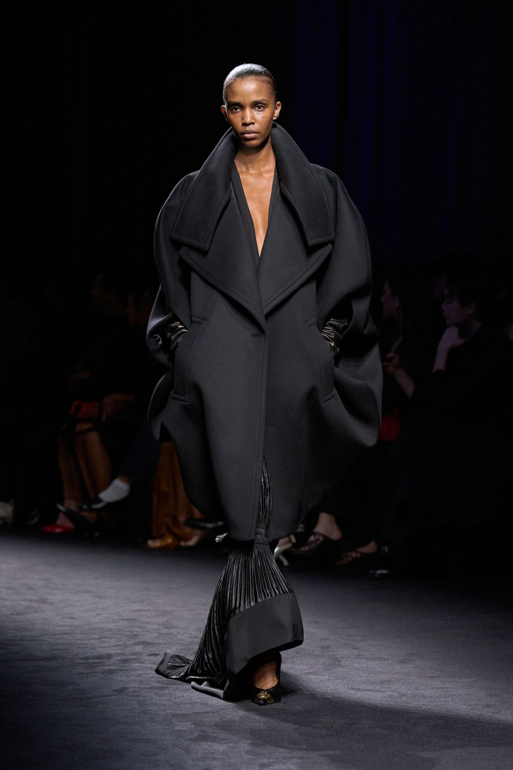 black wool long-sleeve v-neck oversized draped coat