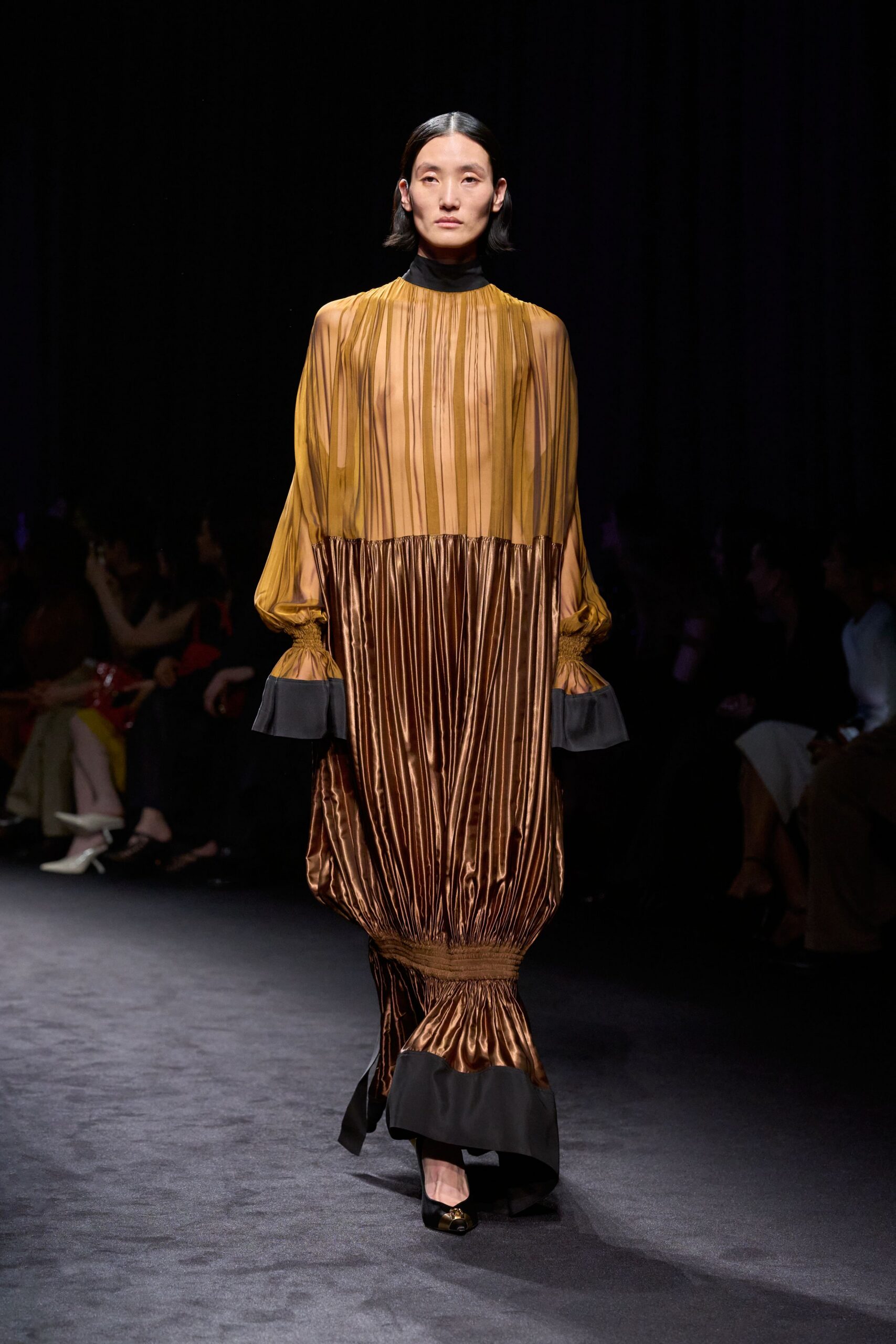 brown silk long-sleeve high-neck relaxed pleated draped dress