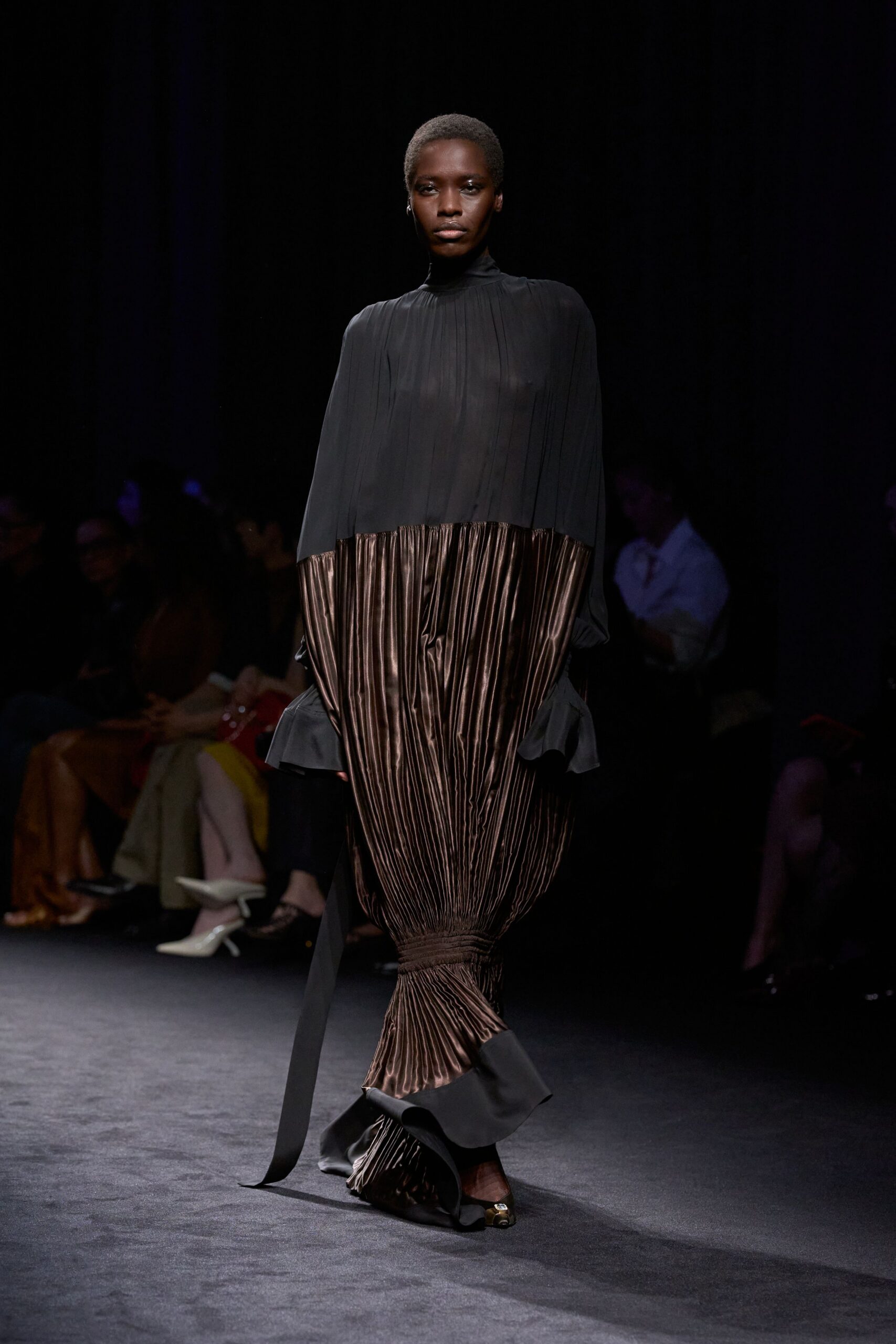 black and brown pleated midi dress