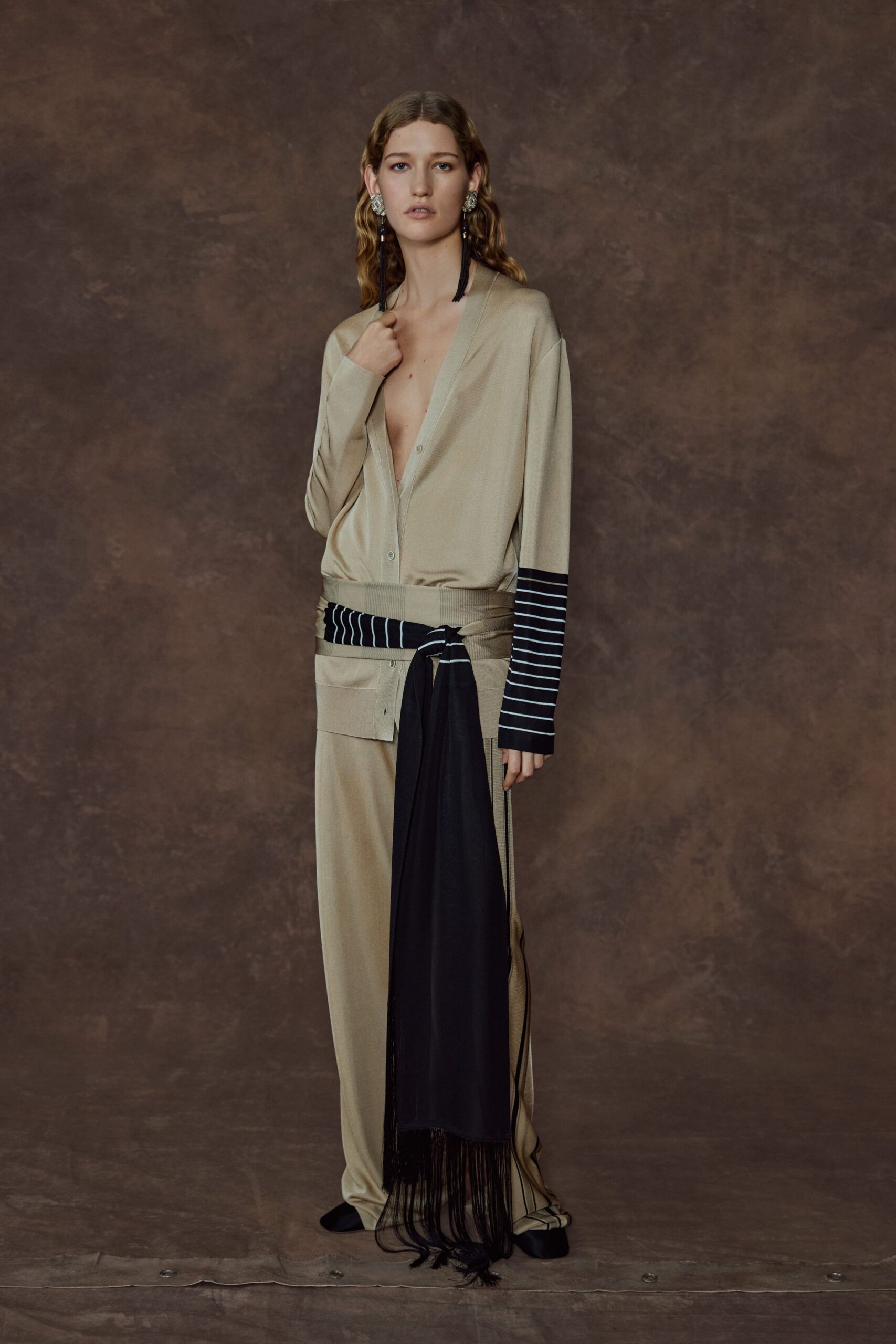 beige silk relaxed zippered pants