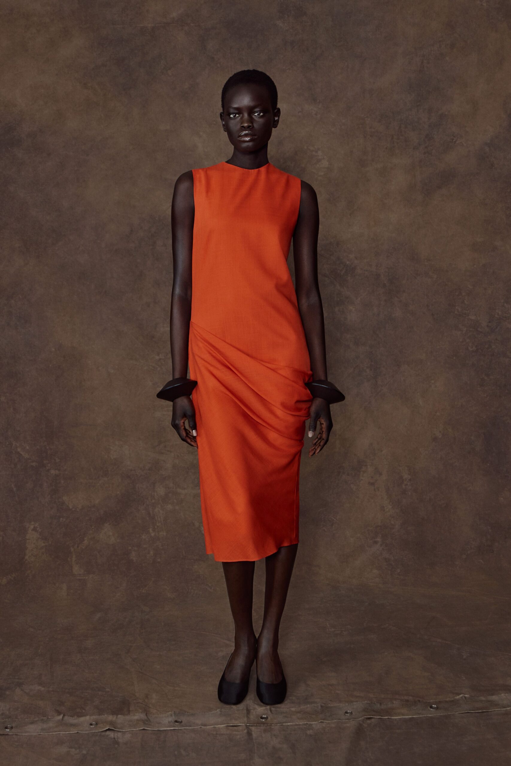 orange silk sleeveless high-neck fitted draped midi dress
