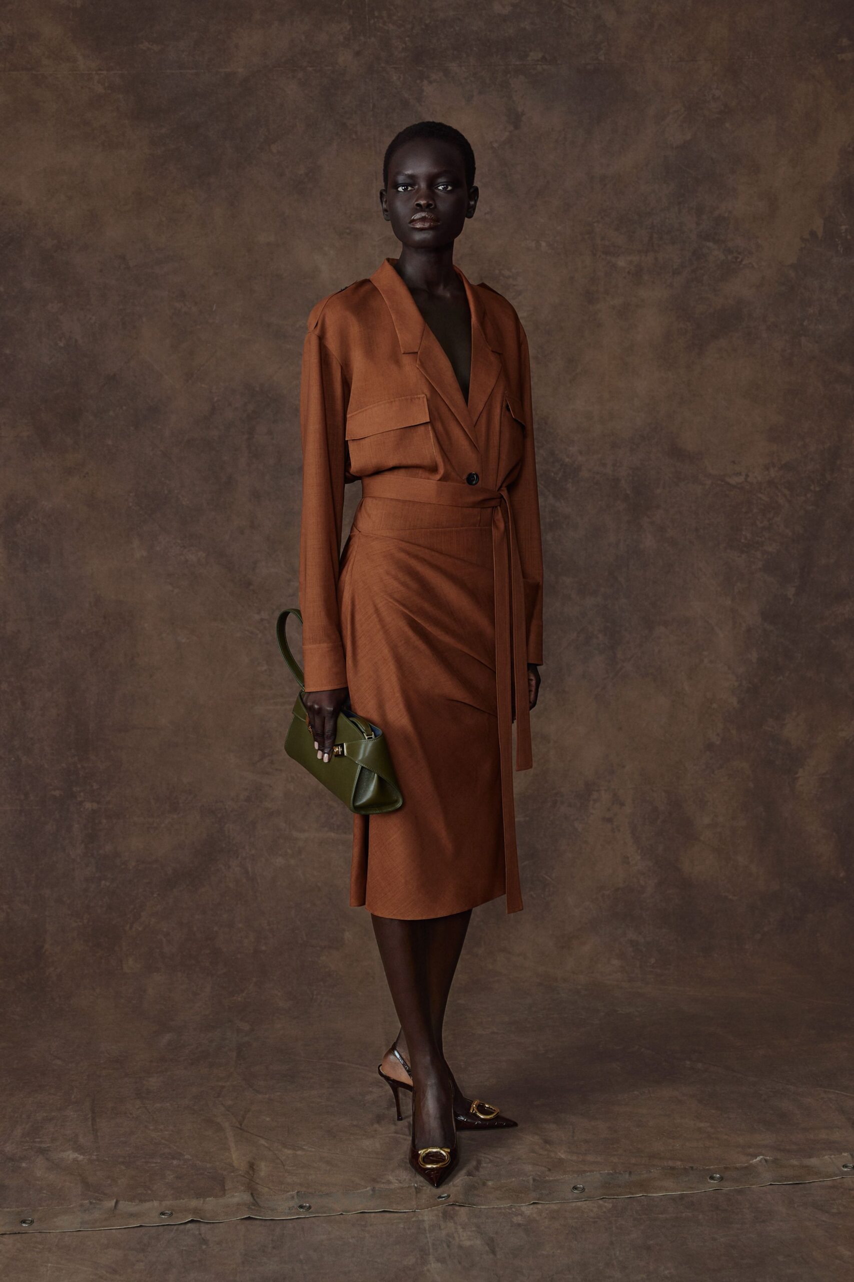 brown silk long-sleeve v-neck fitted belted zippered dress