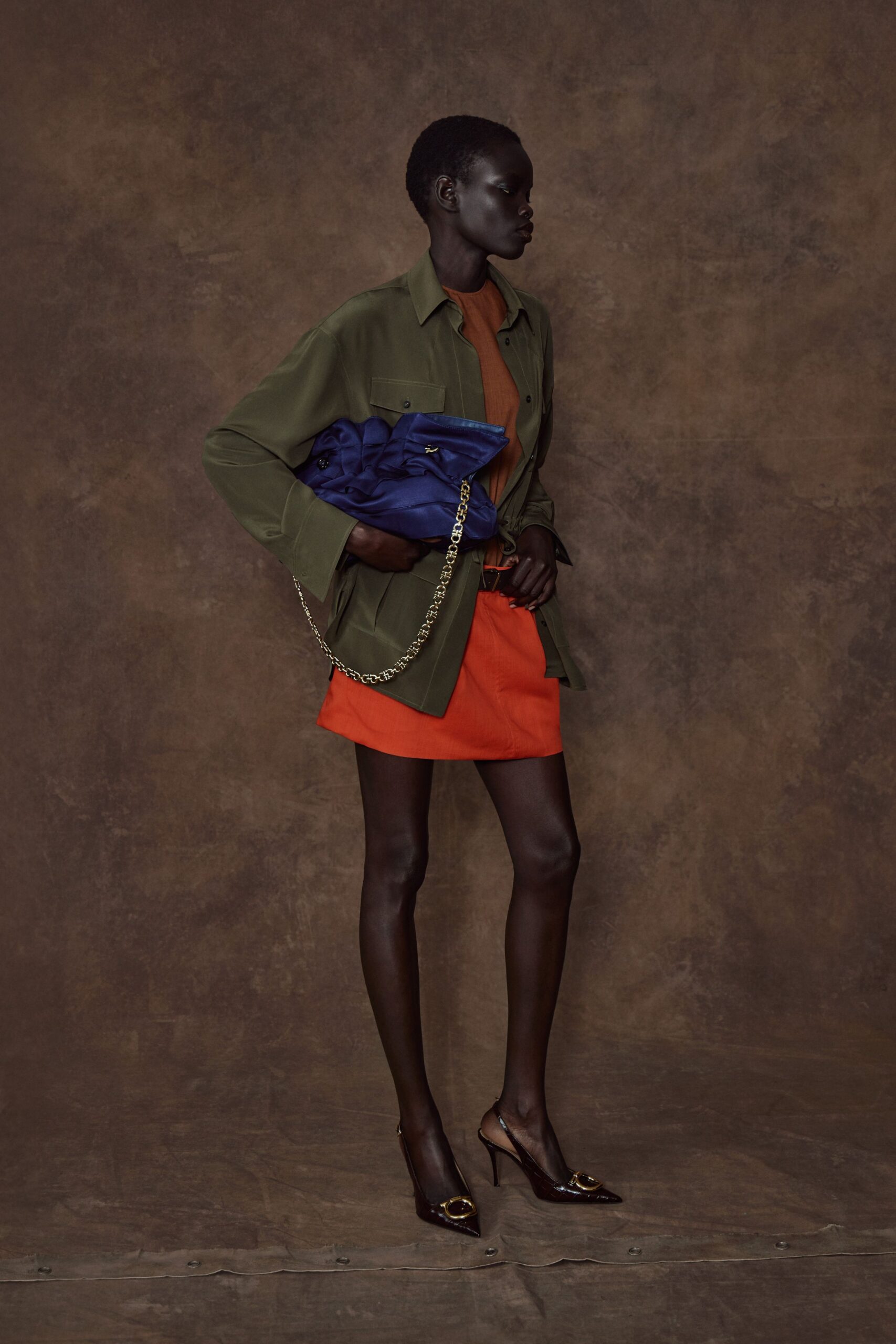 olive shirt orange mini-dress