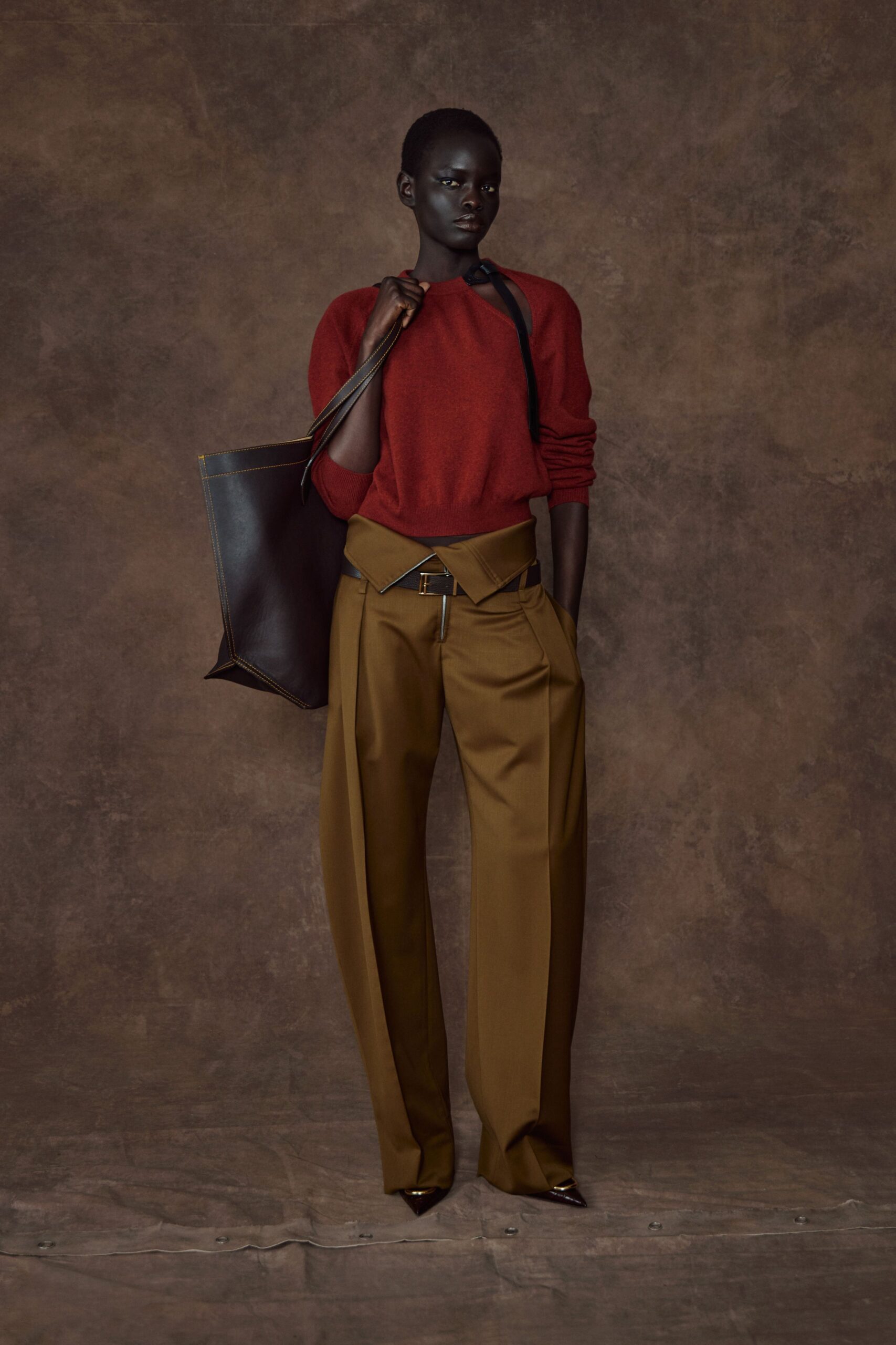 red wool long-sleeve collared relaxed sweater