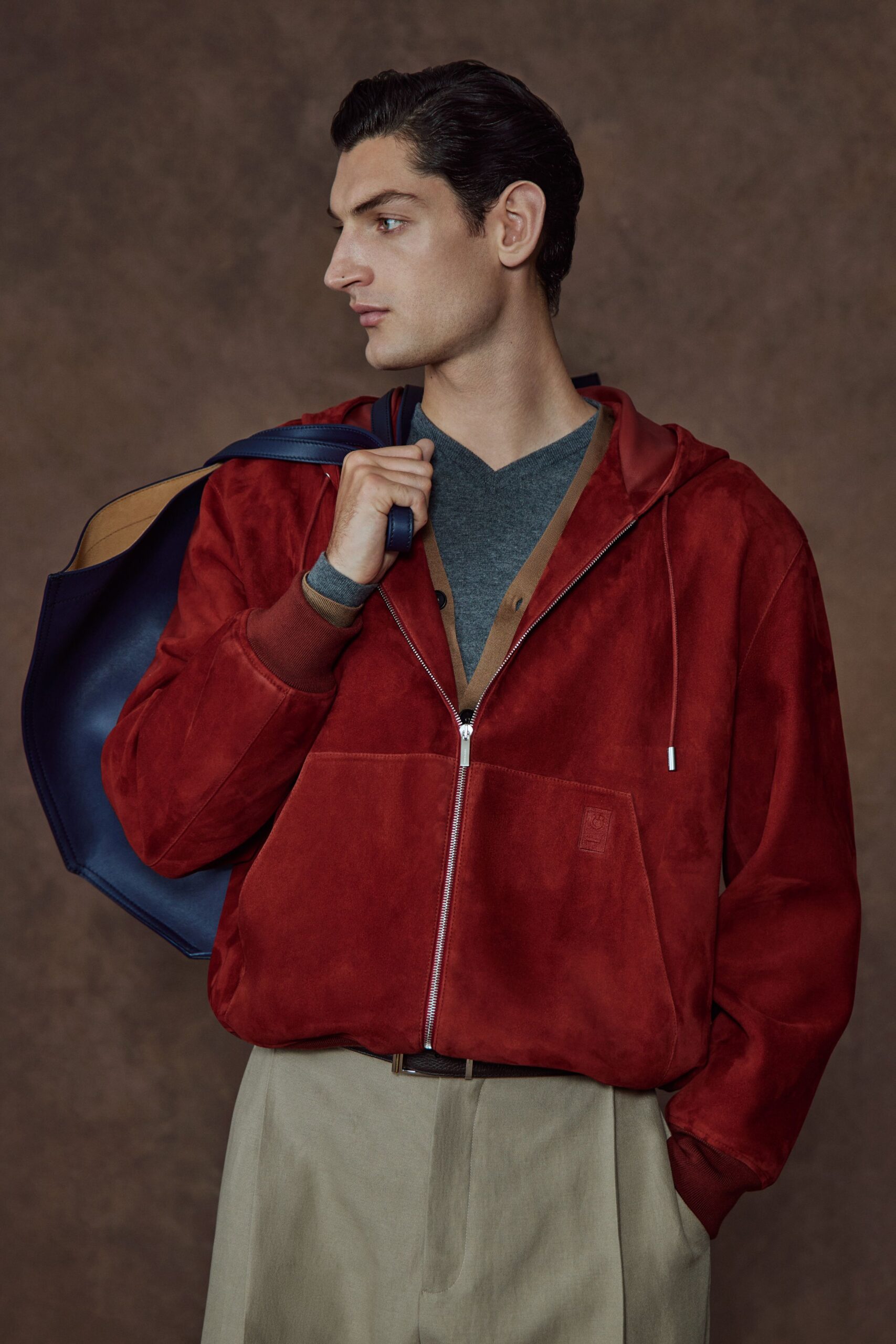 red suede long-sleeve relaxed zippered hoodie