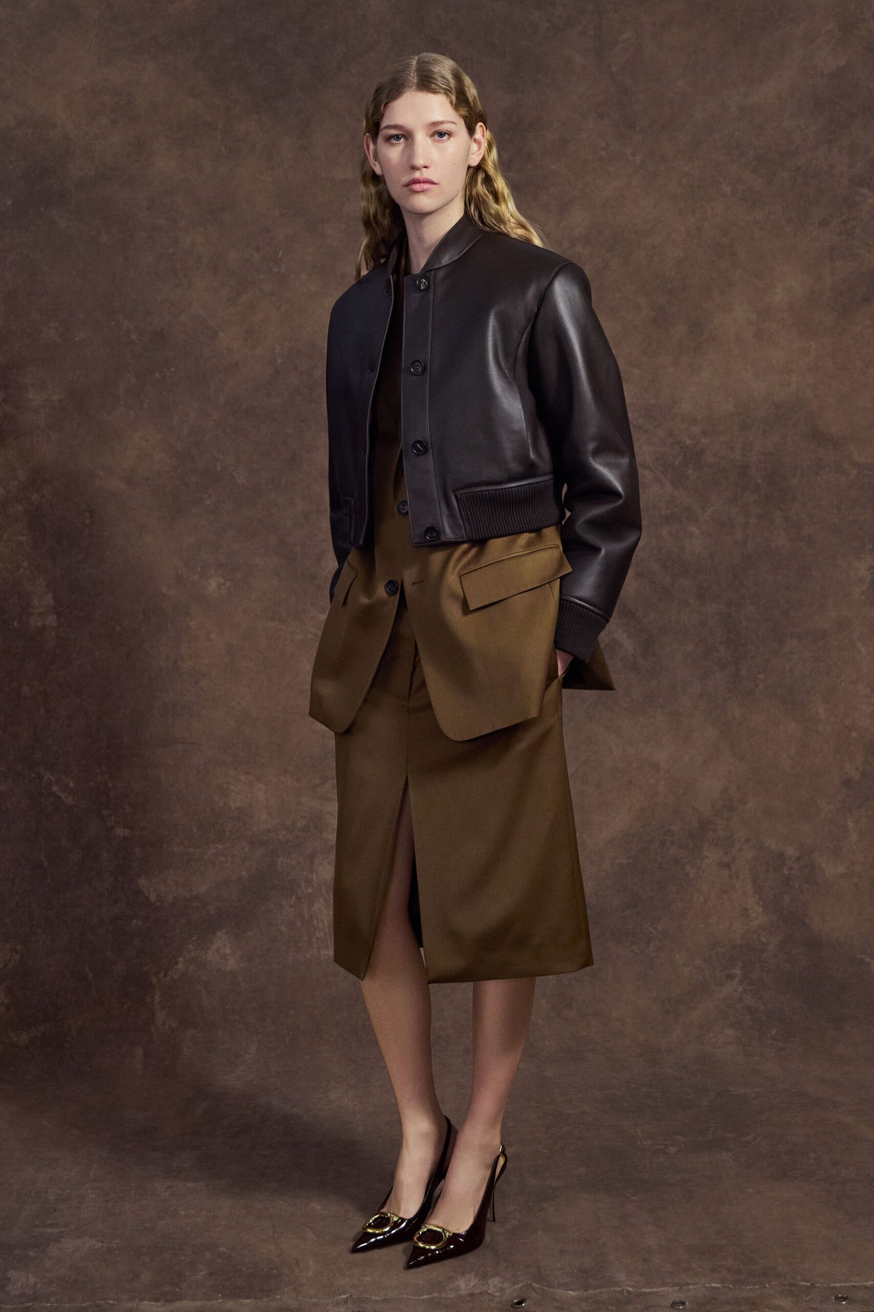 brown wool slit fitted pencil skirt