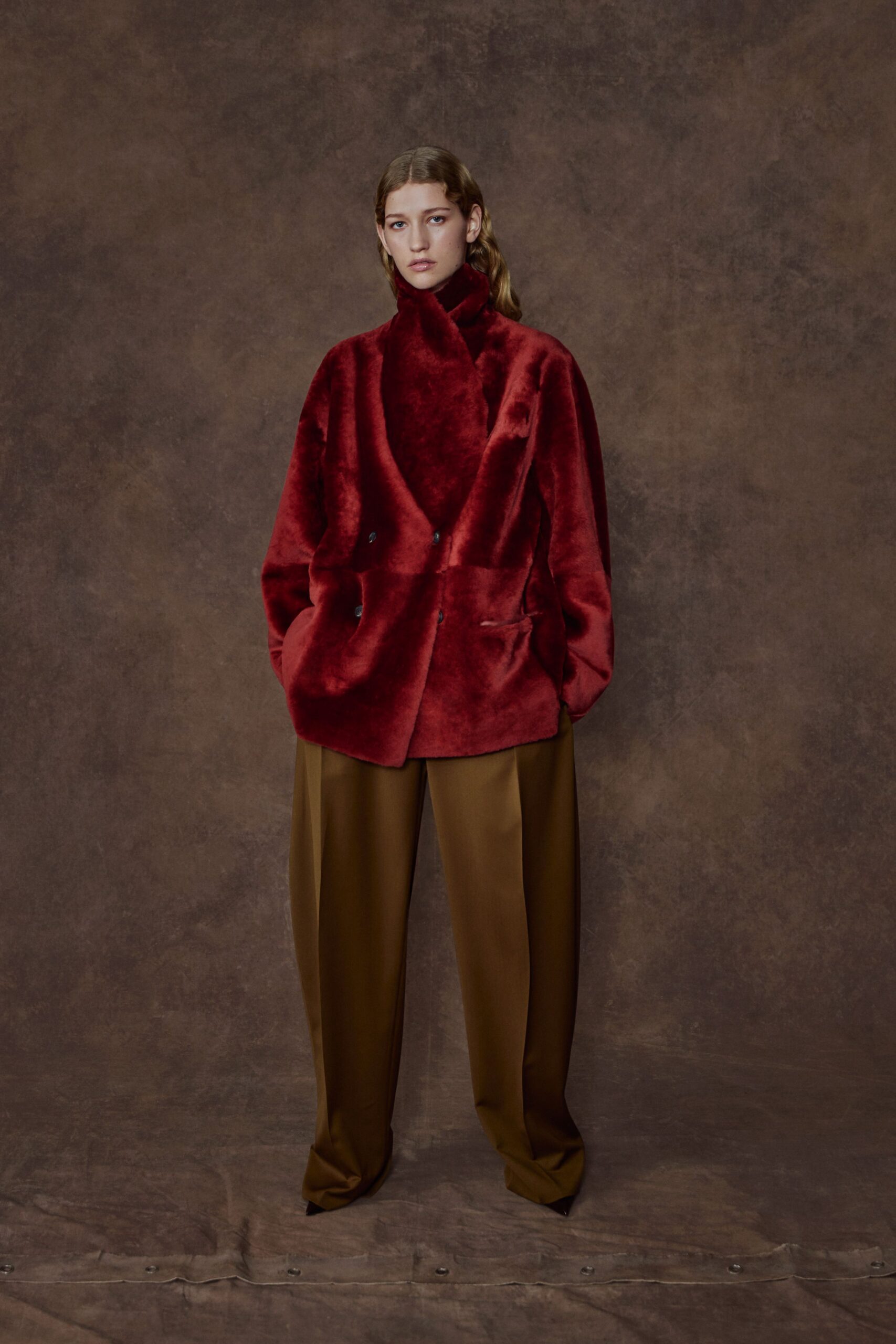 red faux-fur long-sleeve collared relaxed buttoned jacket
