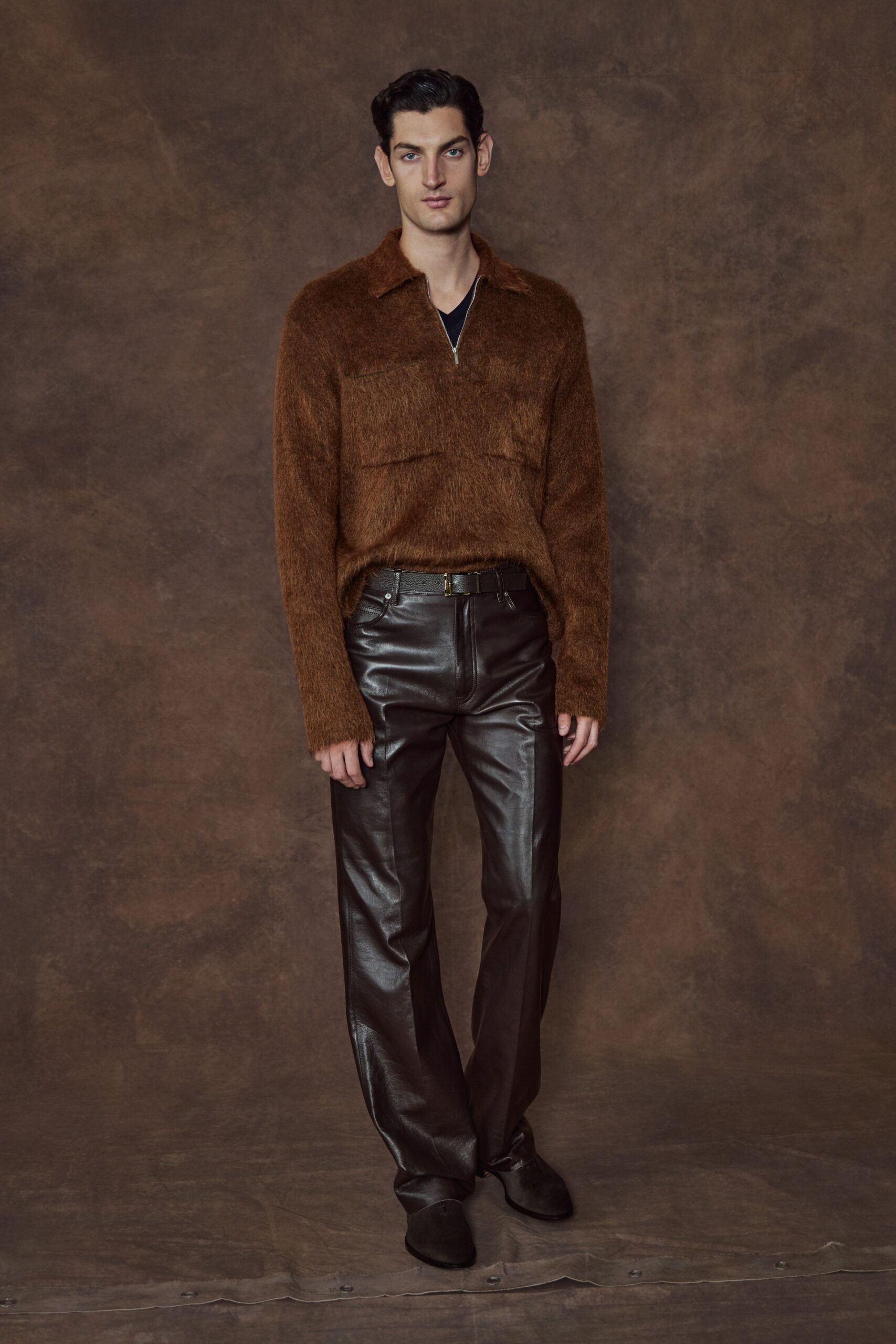 brown wool long-sleeve collared relaxed textured shirt