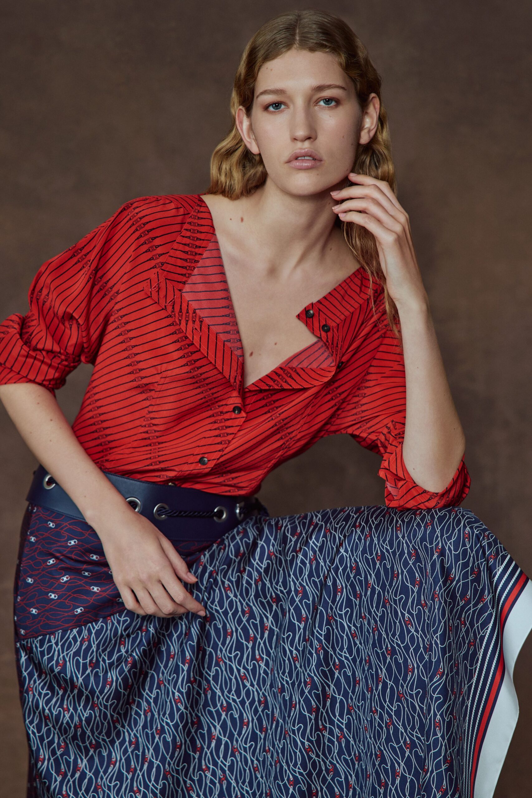 red silk long-sleeve v-neck fitted striped shirt
