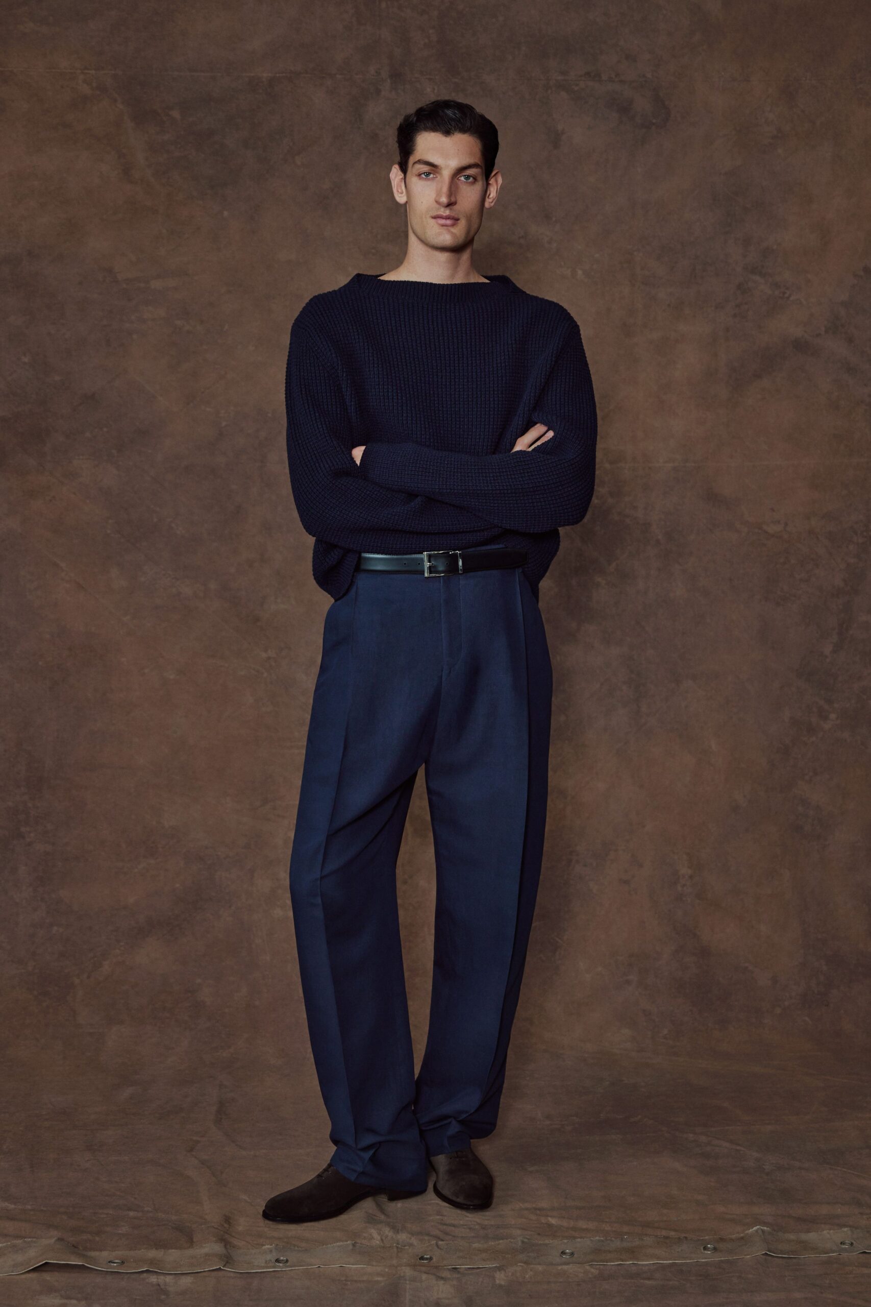 blue wool tailored straight-leg pants
