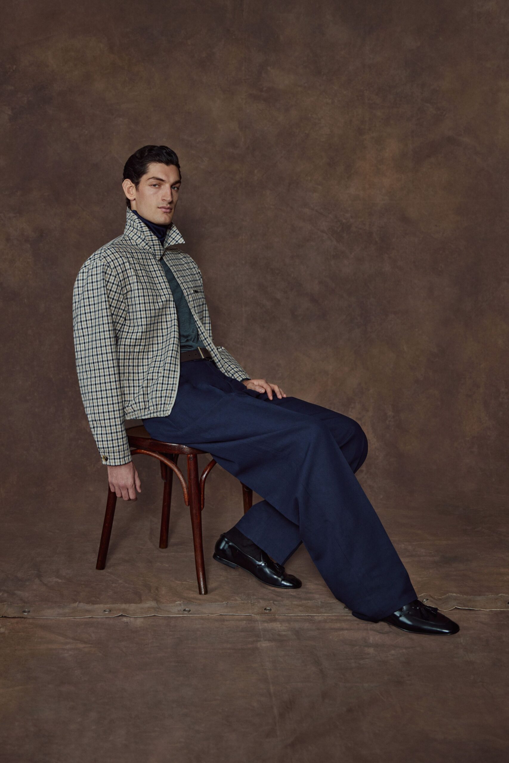beige cotton long-sleeve collared structured checked jacket