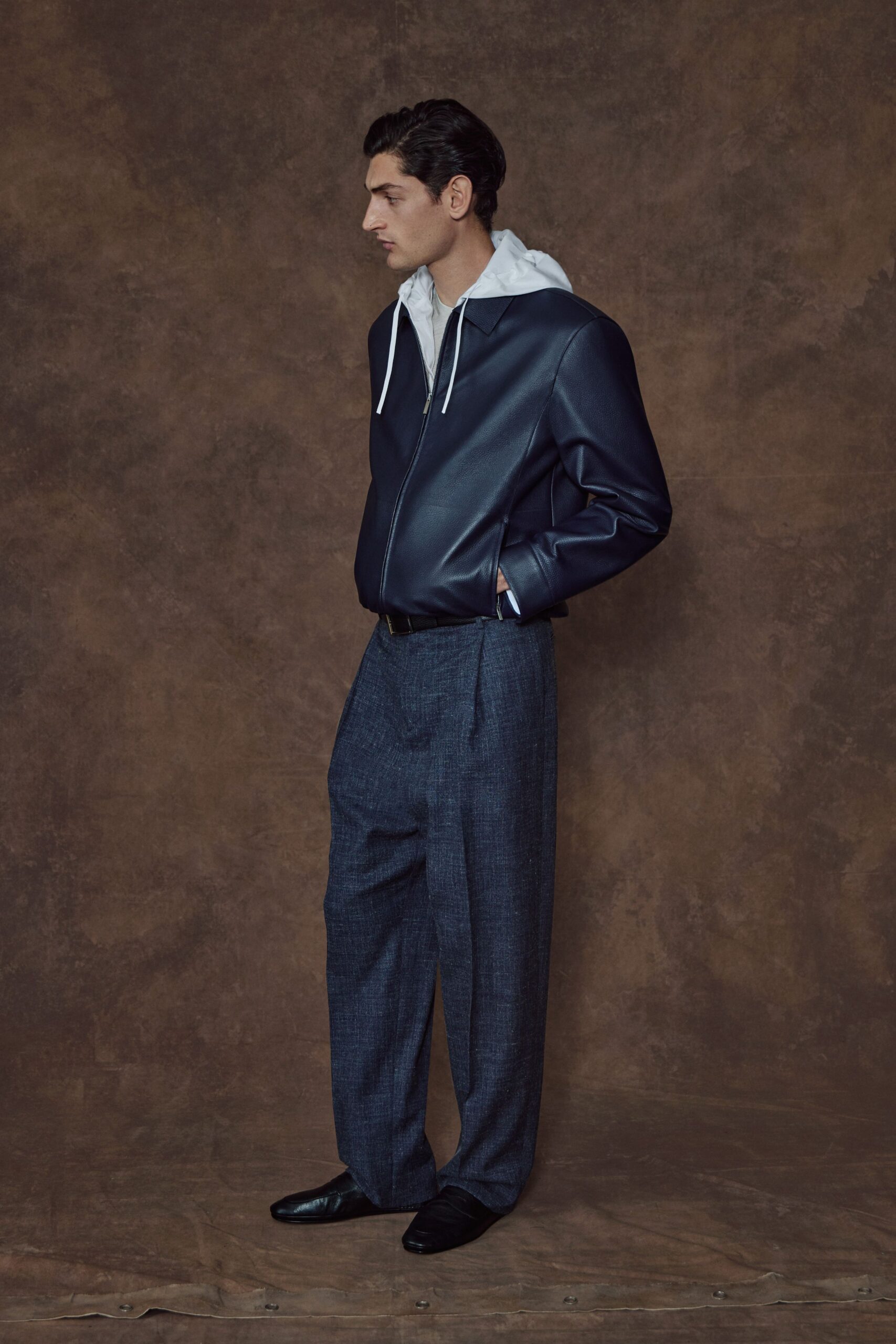 blue leather long-sleeve hooded fitted jacket