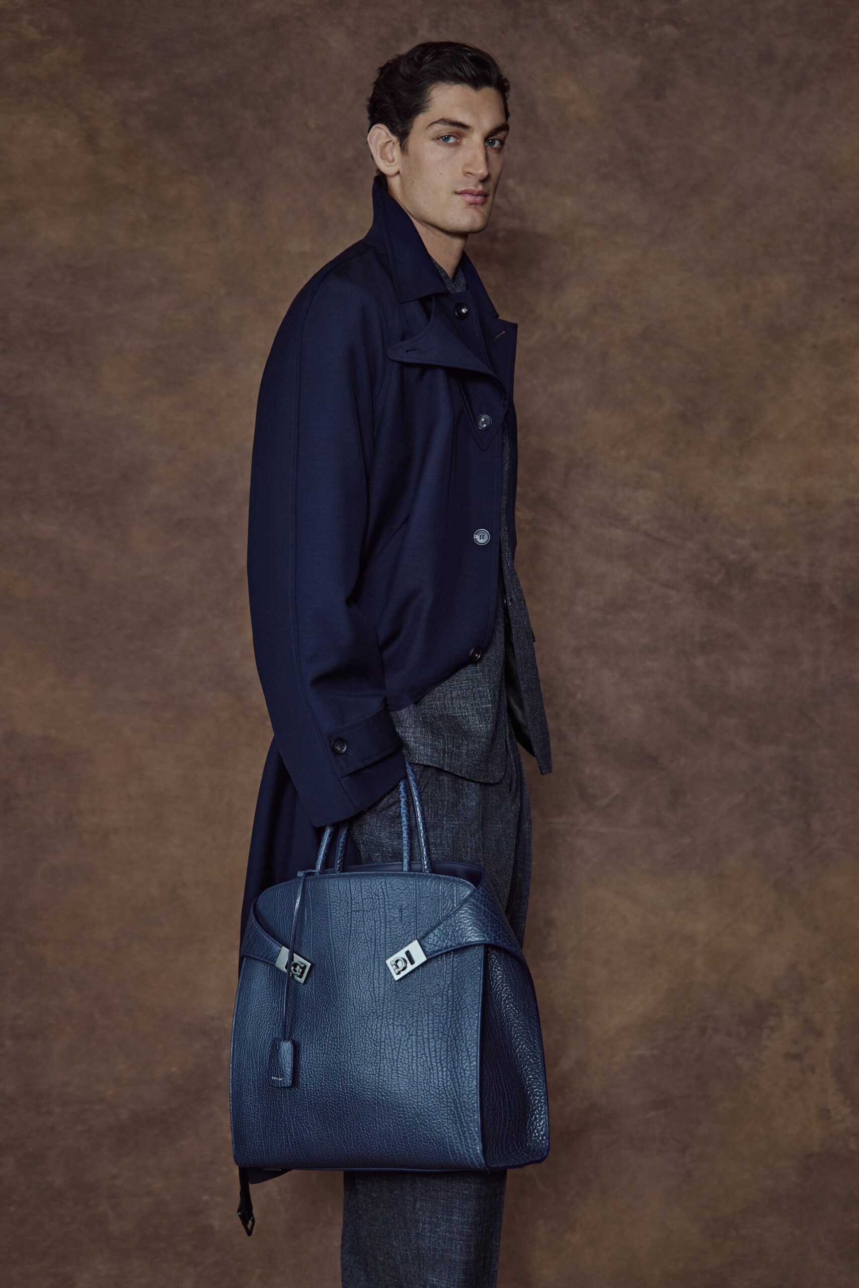 blue wool long-sleeve collared structured buttoned coat