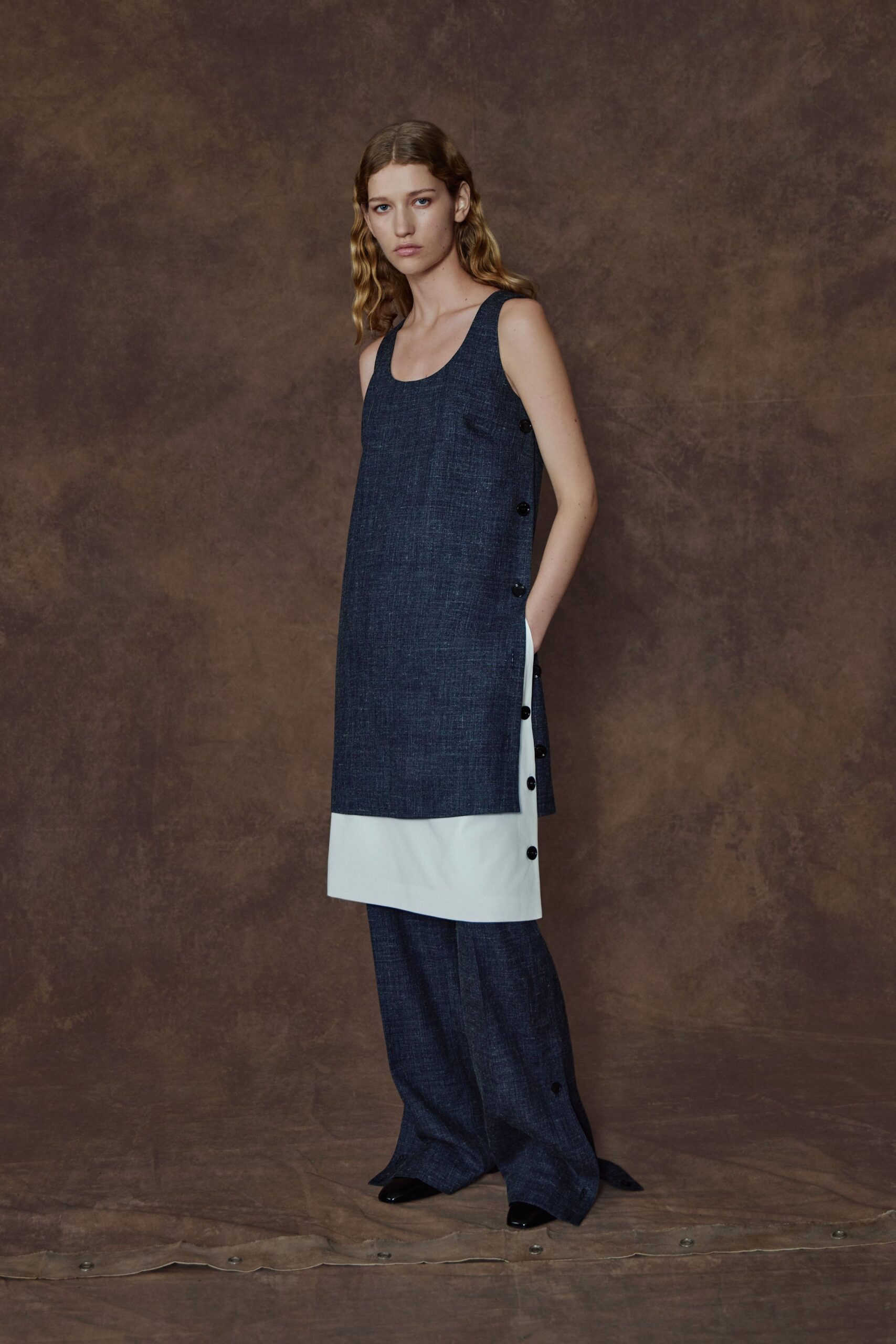 blue cotton sleeveless collared relaxed buttoned layered dress
