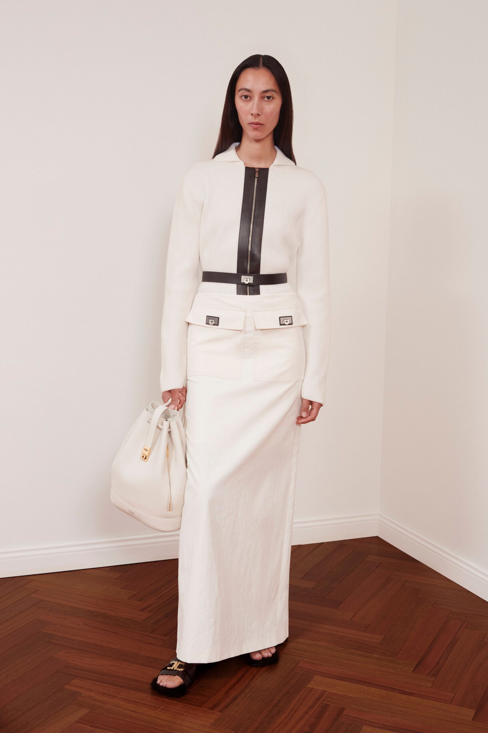 white cotton fitted straight-leg maxi skirt