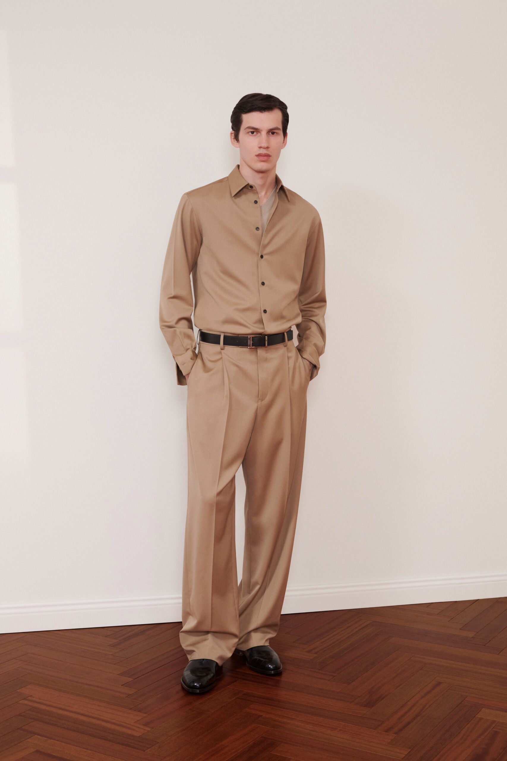 beige silk shirt and pants