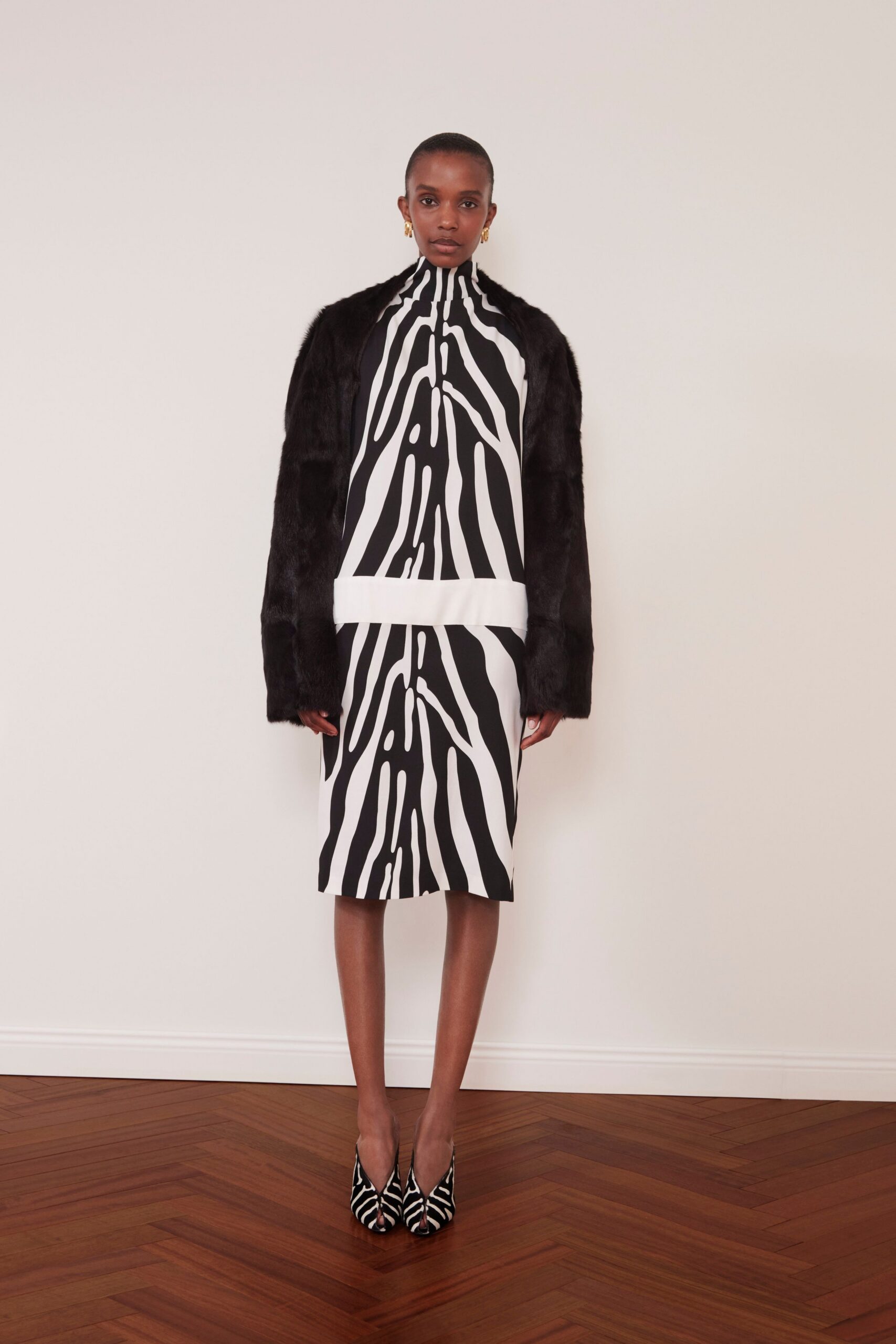 black cotton long-sleeve high-neck fitted printed midi dress