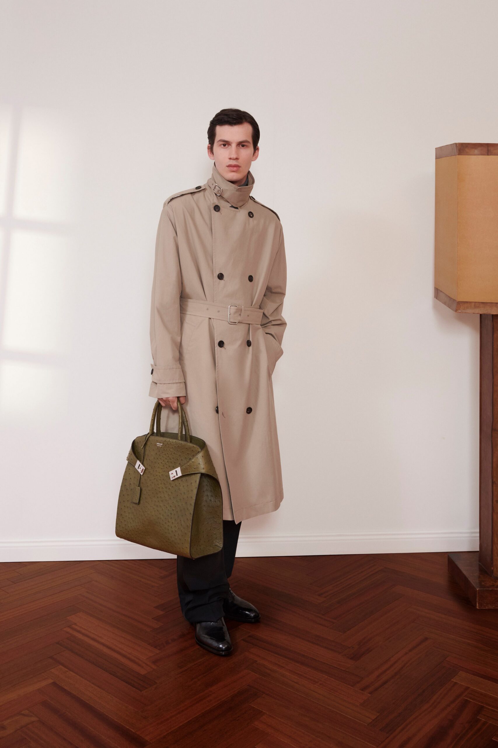 beige cotton long-sleeve collared tailored belted trench