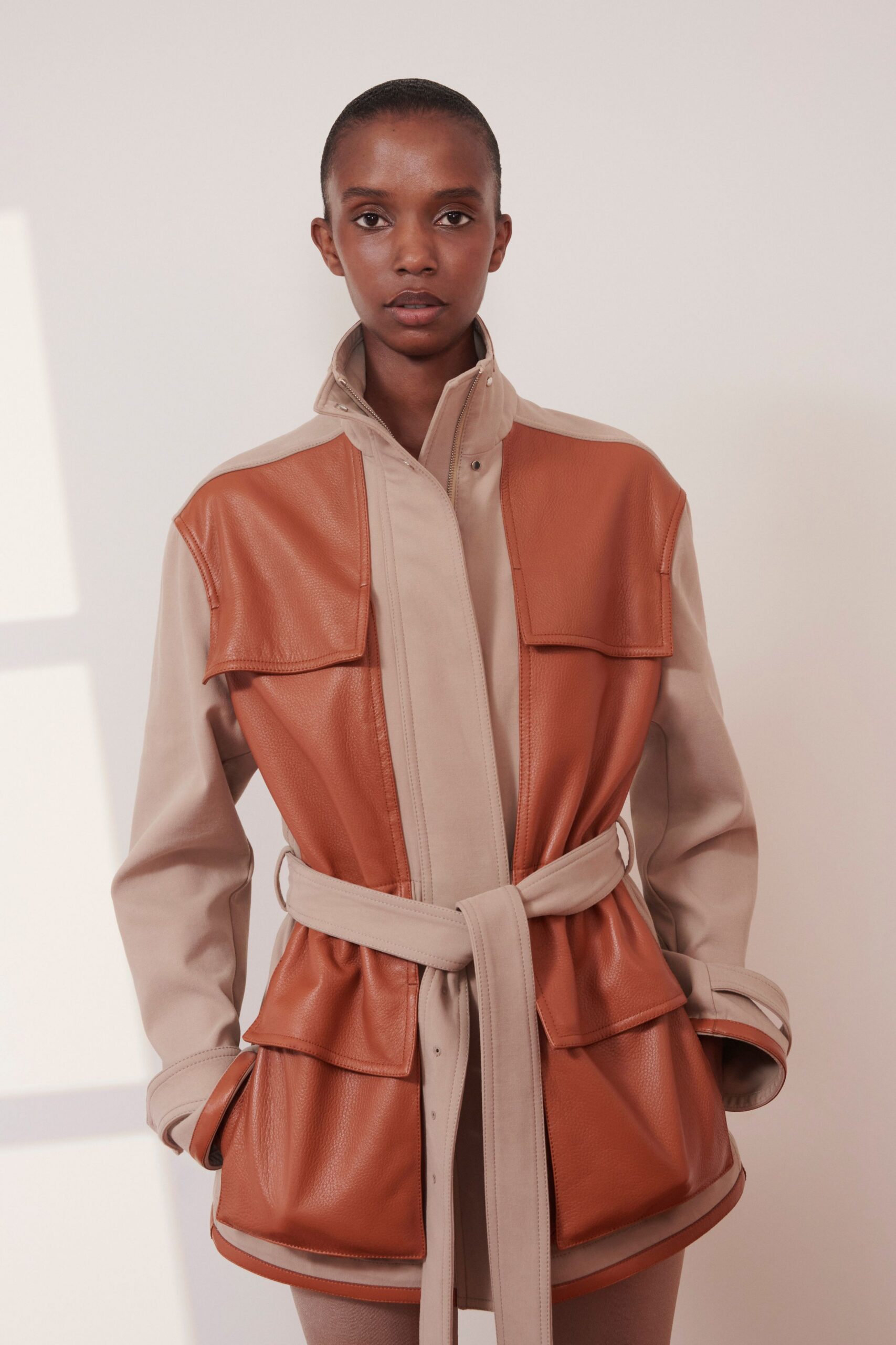 brown beige leather fitted jacket