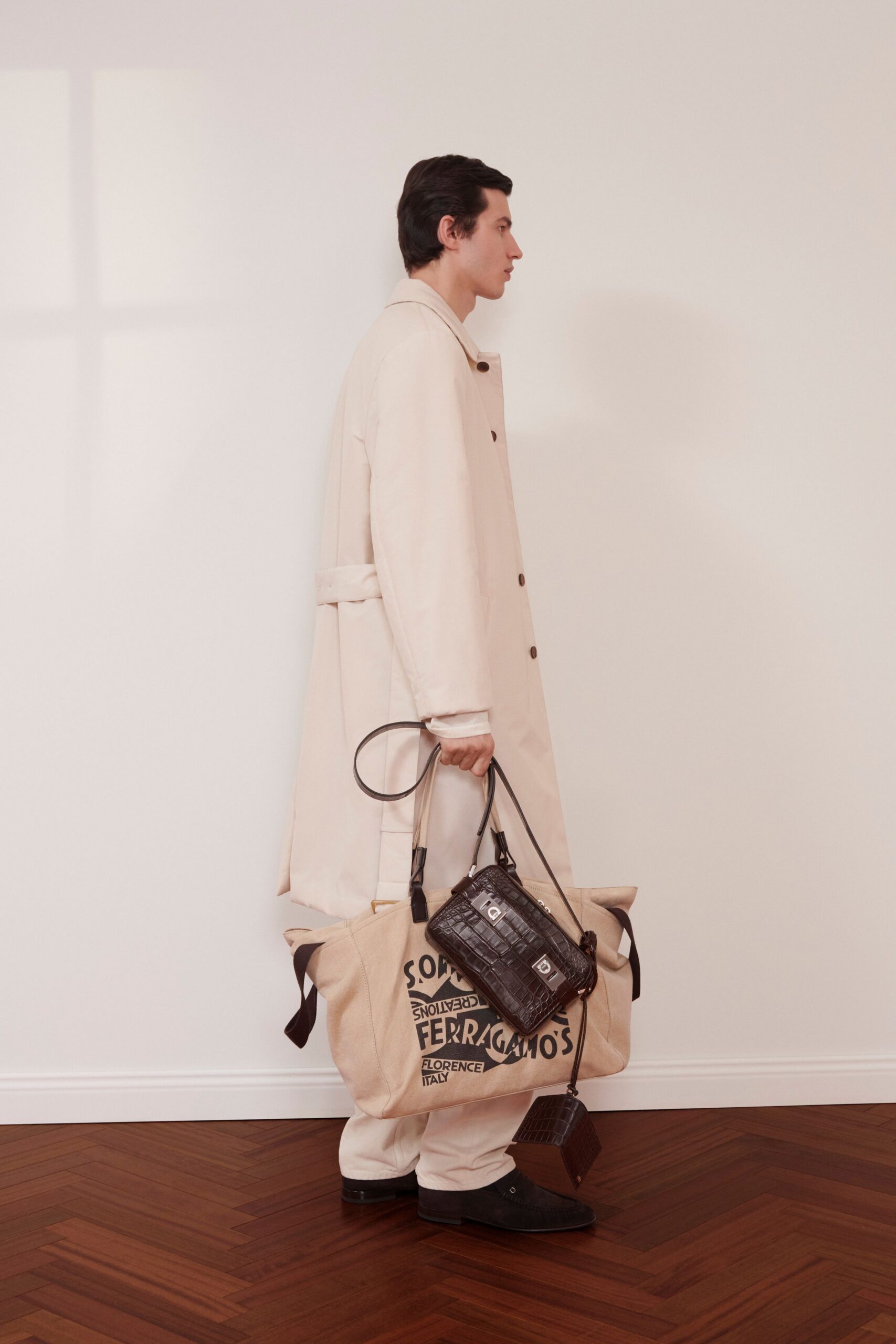 beige cotton long-sleeve collared relaxed buttoned coat