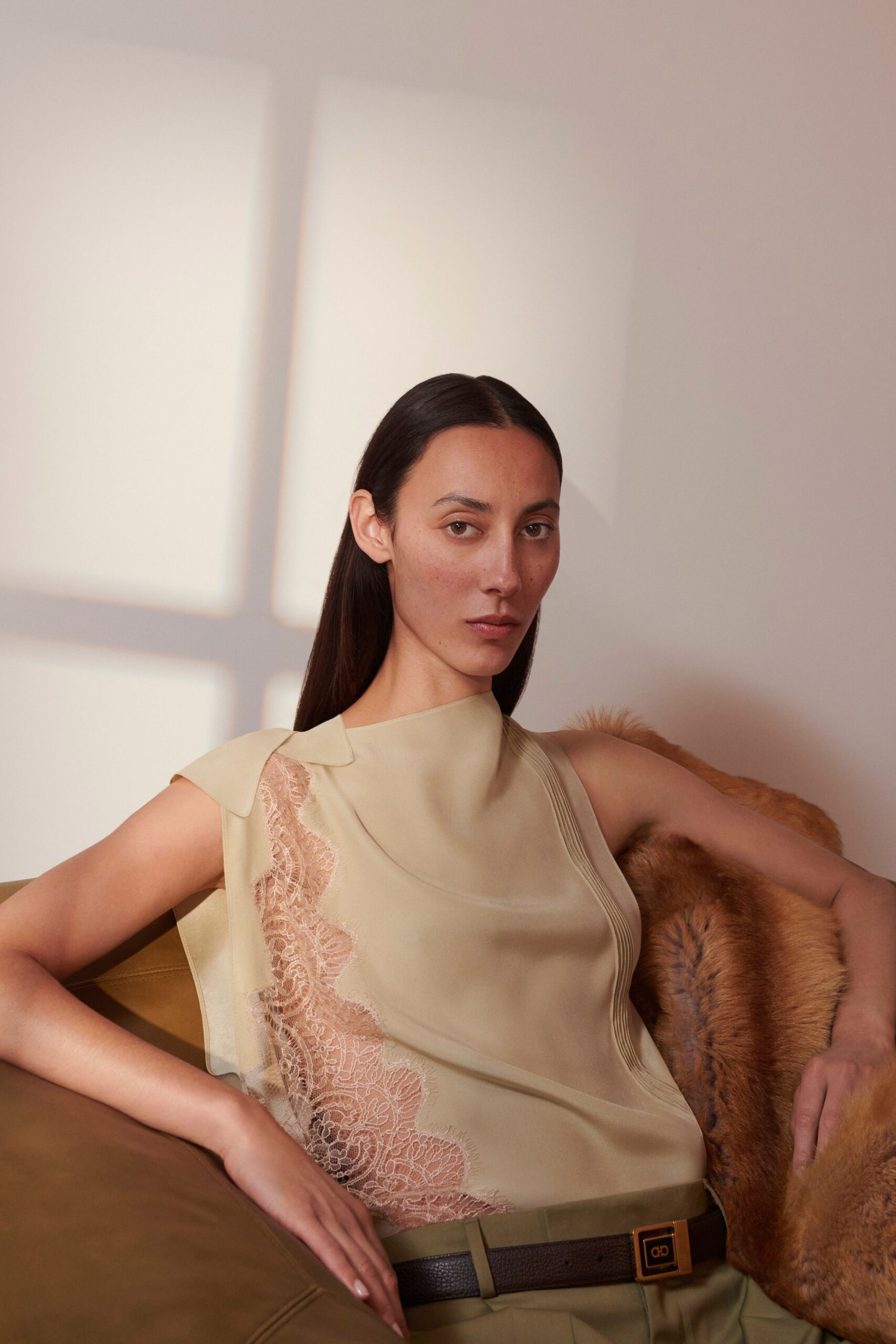 beige silk sleeveless high-neck fitted embroidered top