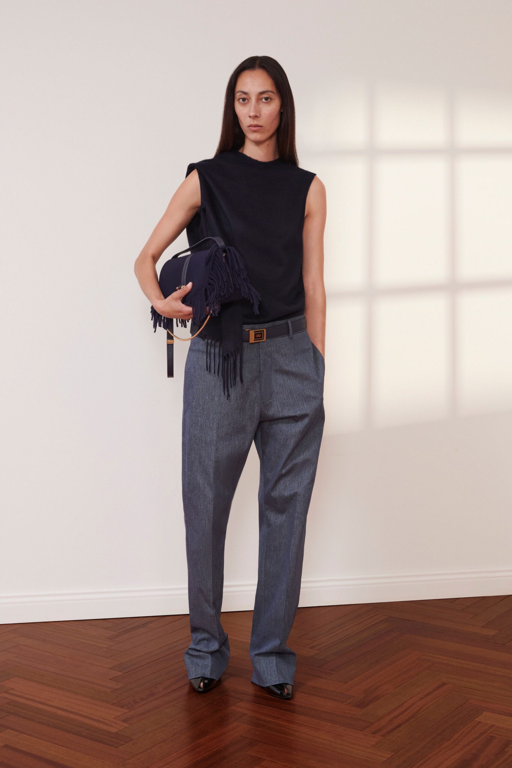 blue cotton sleeveless high-neck fitted top