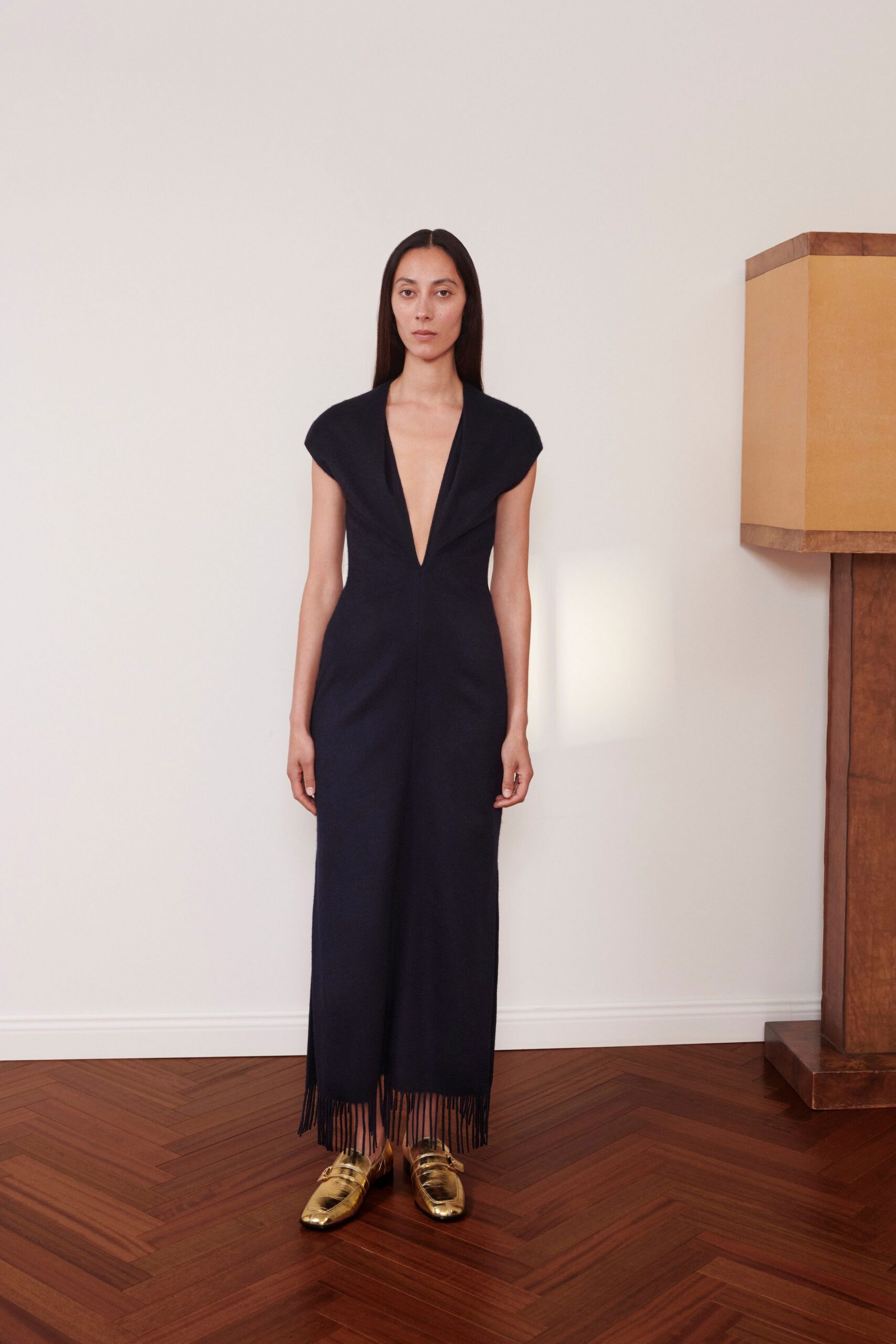 blue wool short-sleeve v-neck fitted fringed maxi gown