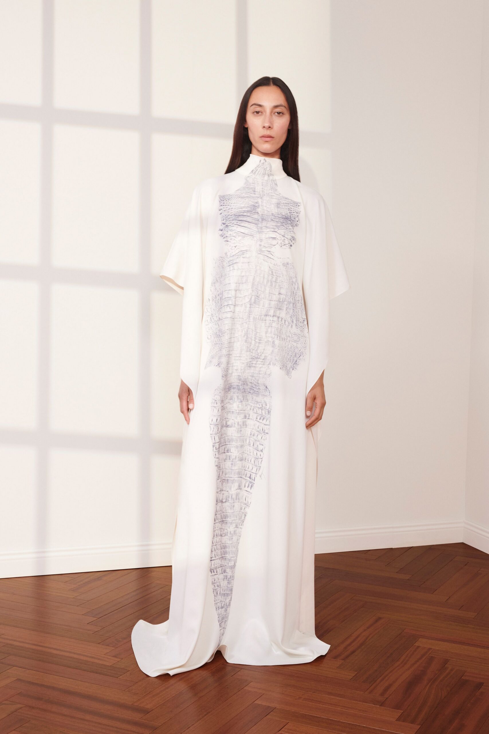 white silk printed gown