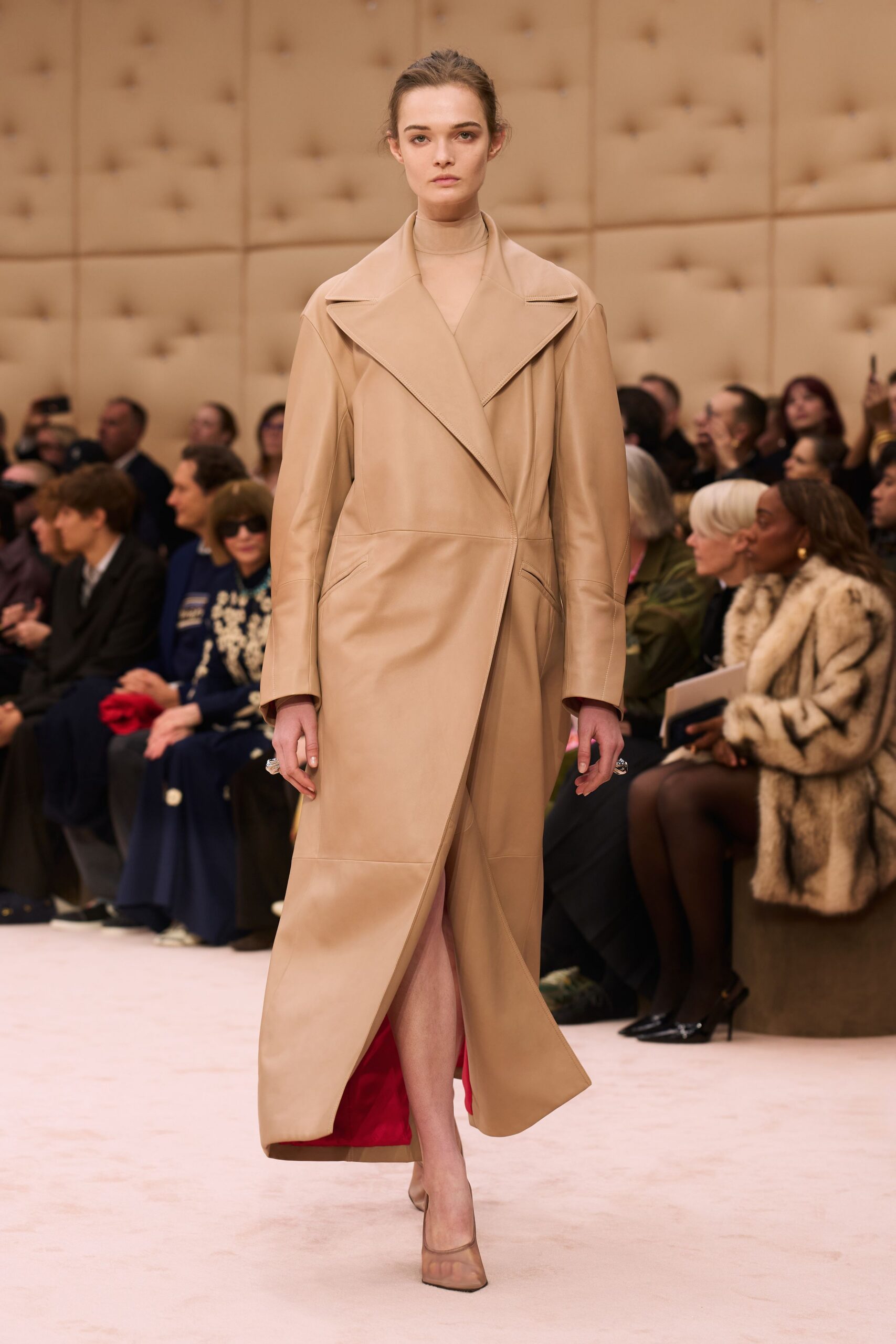 beige leather long-sleeve collared fitted zippered midi coat