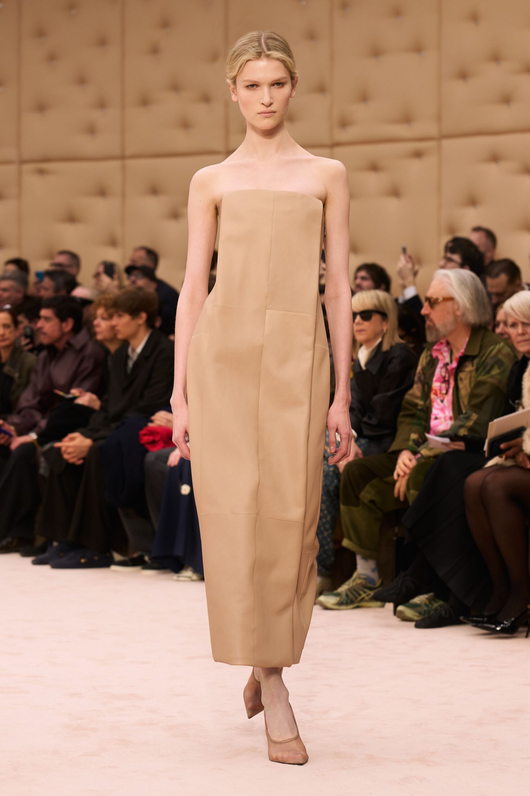 beige leather strapless fitted straight-leg midi dress