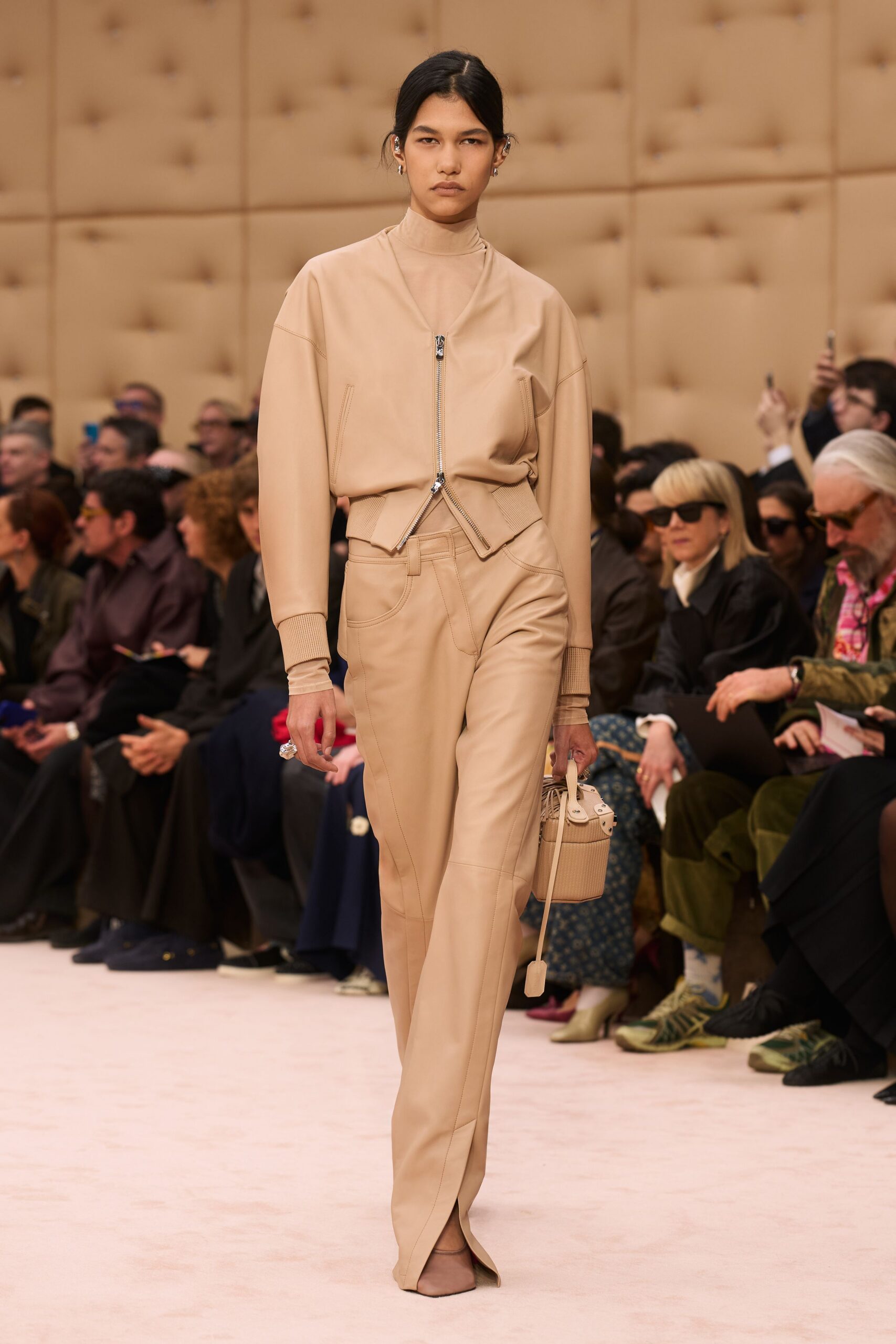 beige leather long-sleeve collared fitted zippered jacket