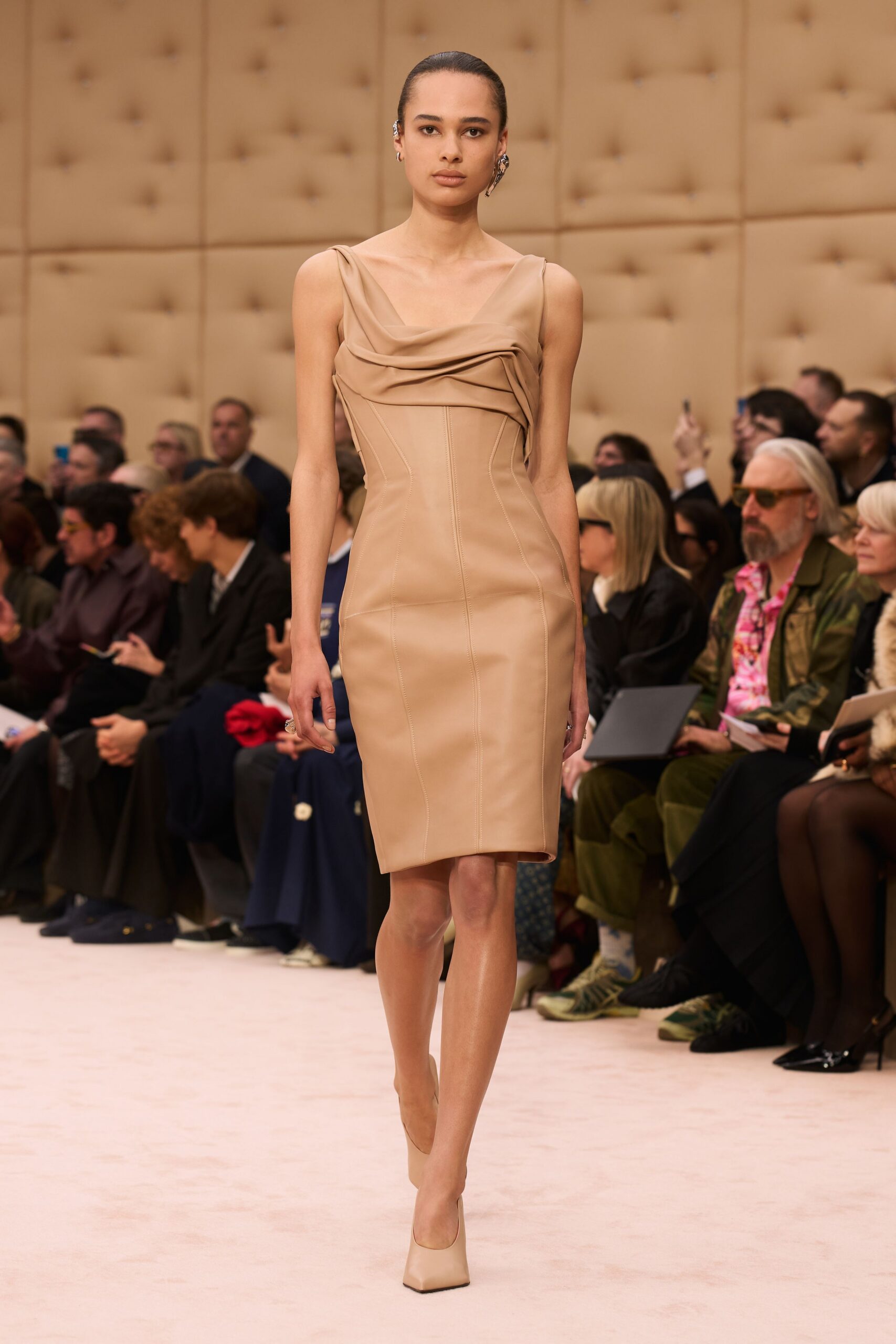 beige leather sleeveless v-neck fitted draped mini dress