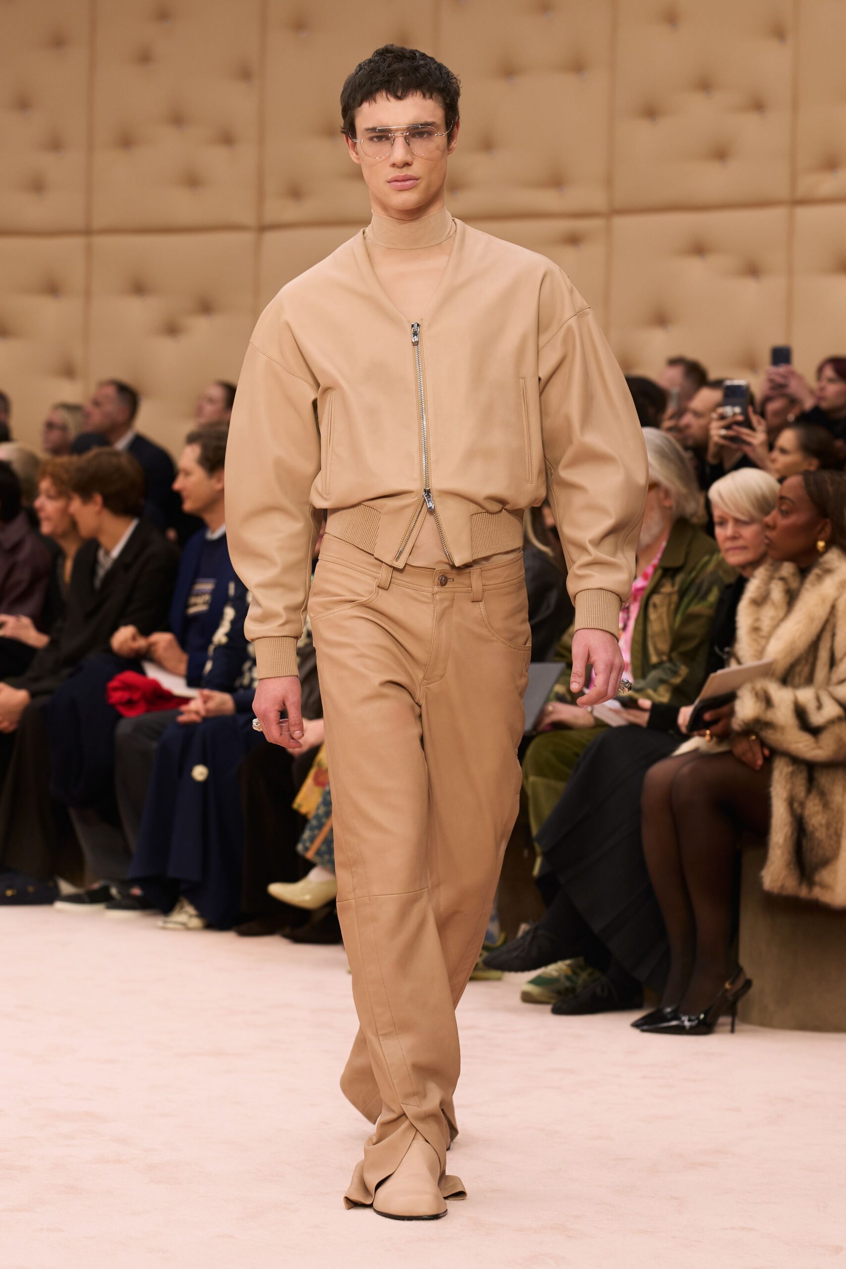 beige leather long-sleeve collared relaxed zippered jacket