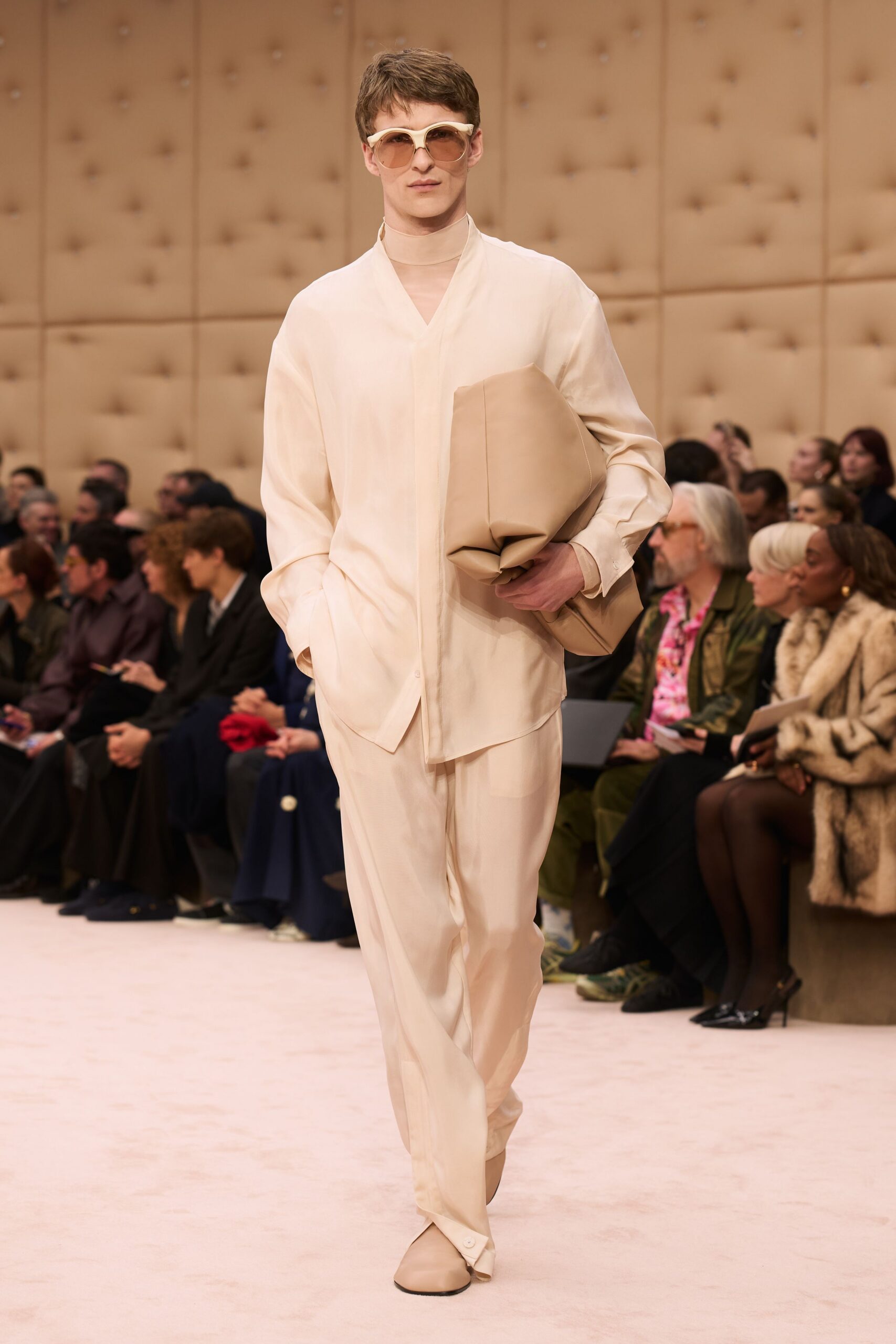 beige silk shirt and pants