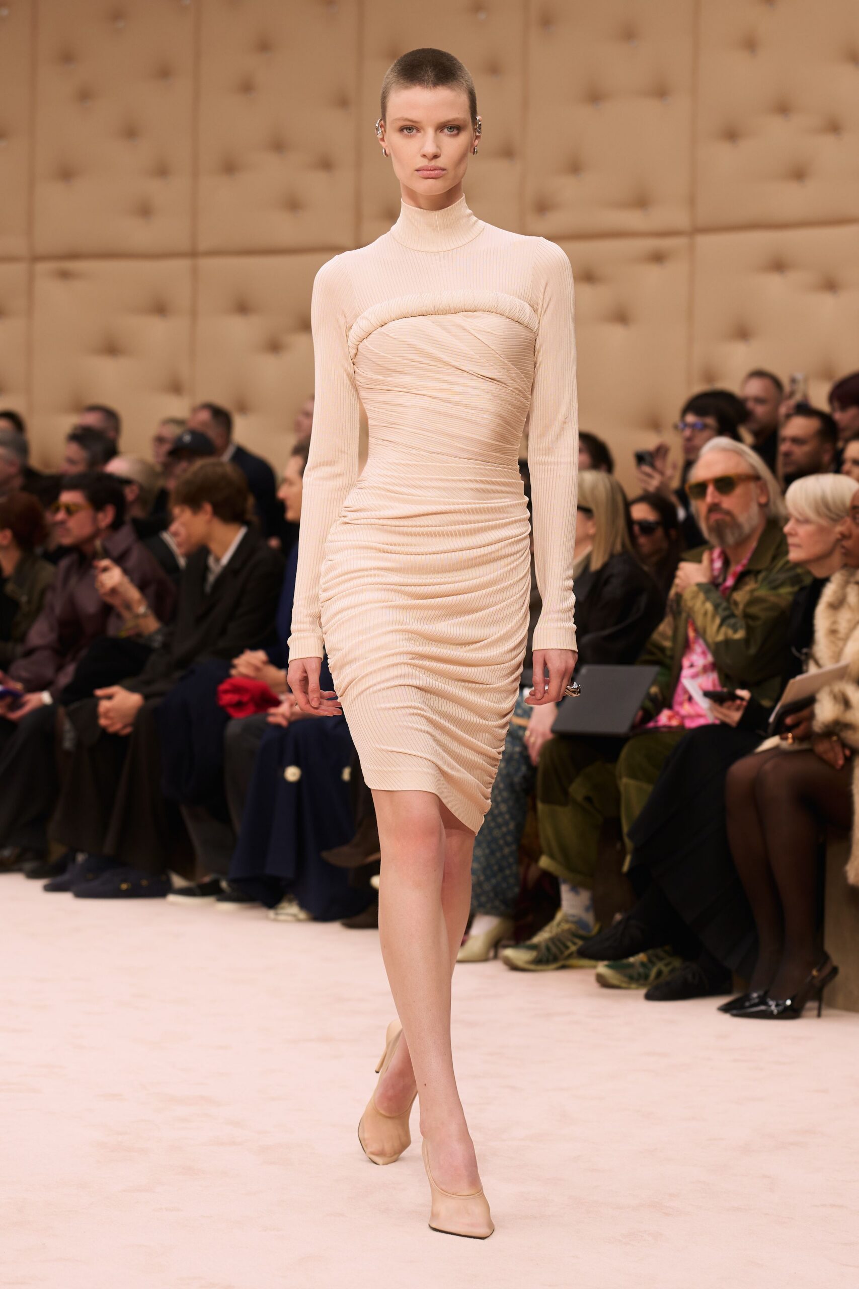 beige fitted long-sleeve dress