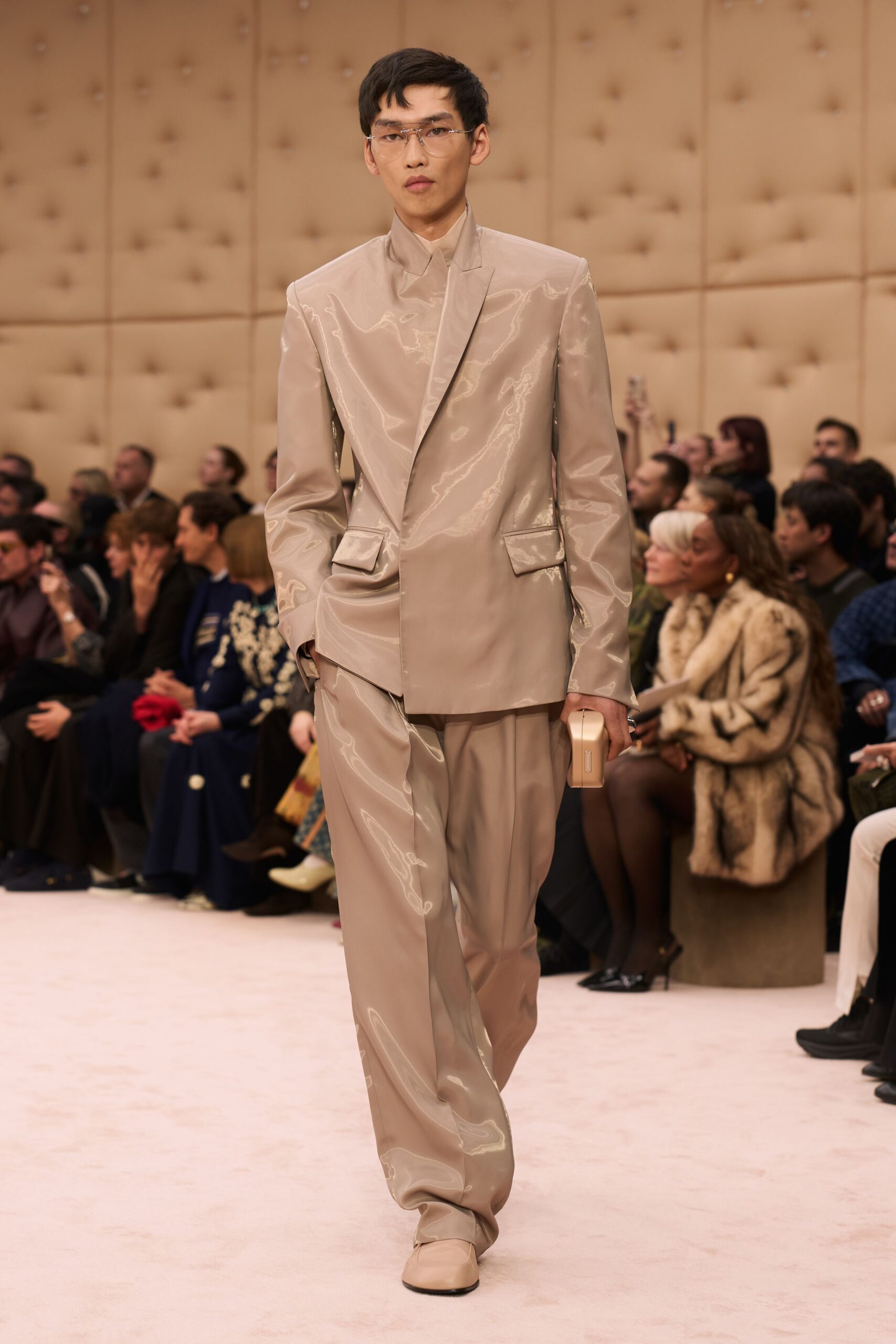 beige vinyl long-sleeve collared relaxed zippered shiny suit