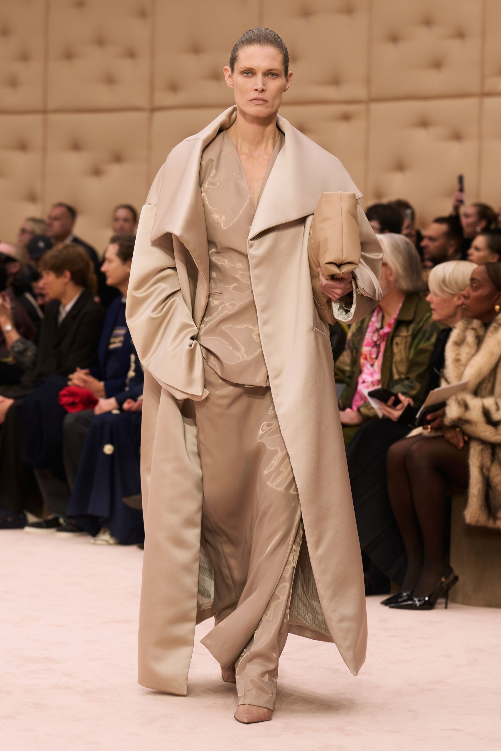 beige silk long-sleeve collared oversized draped coat