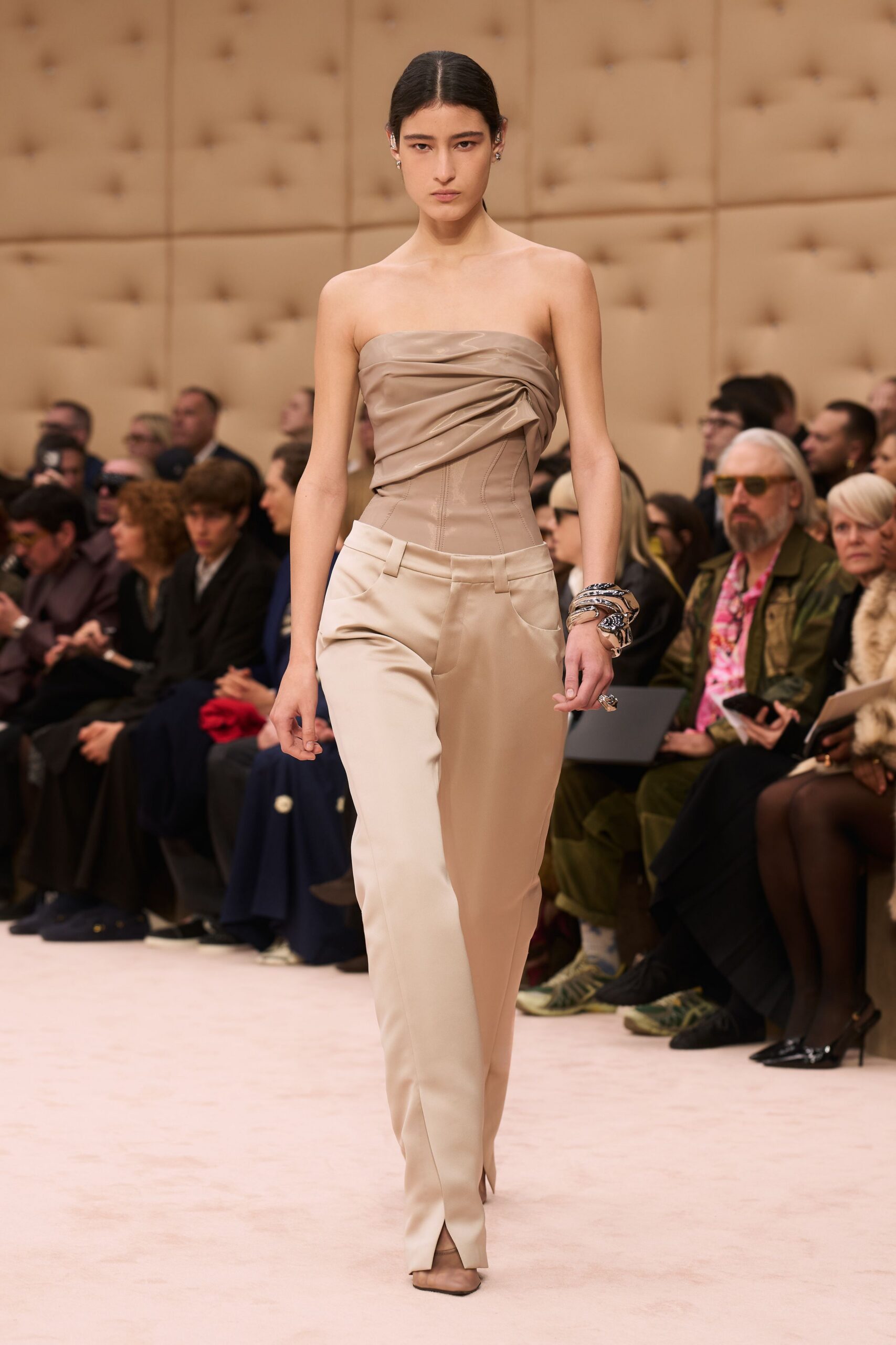 beige silk strapless fitted ruched top