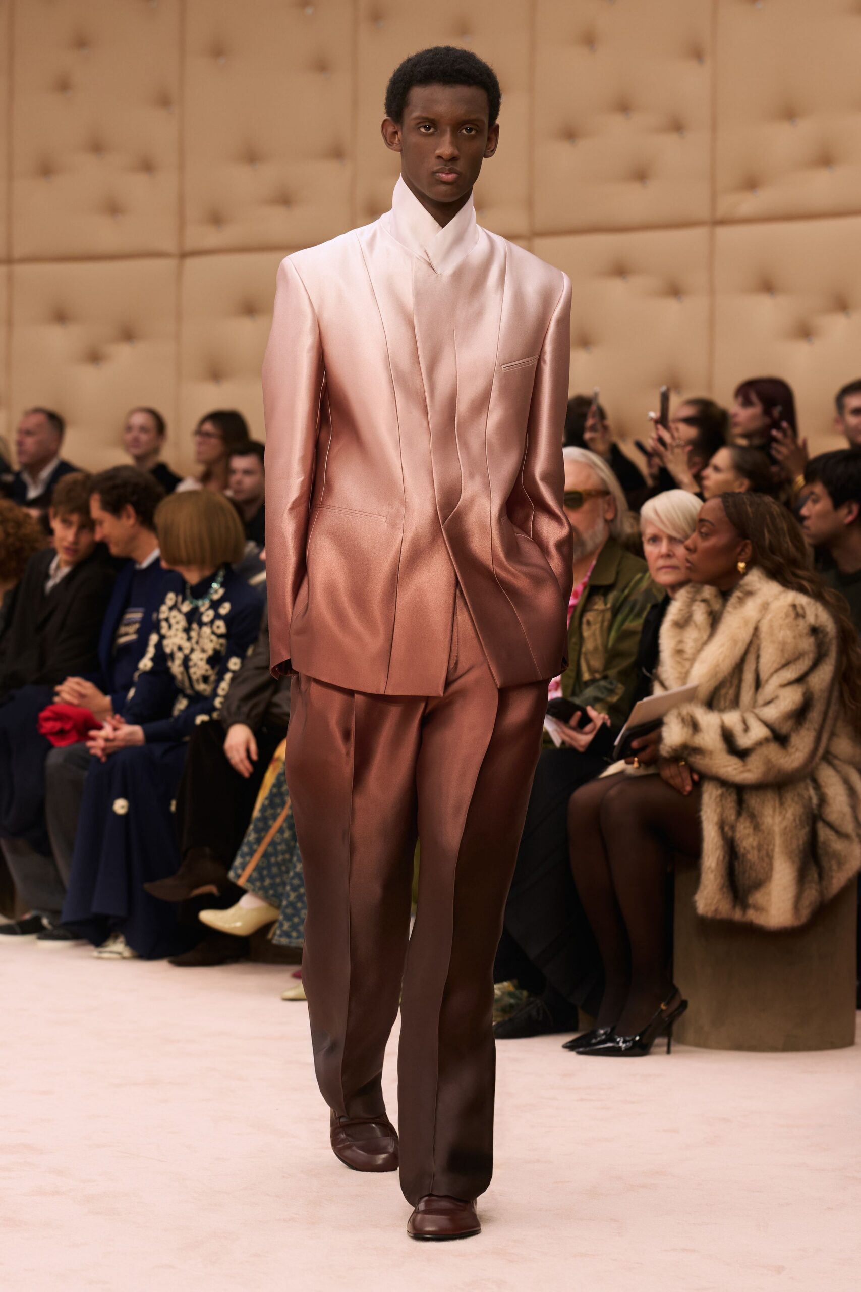 pink silk long-sleeve collared tailored color-blocked shiny suit