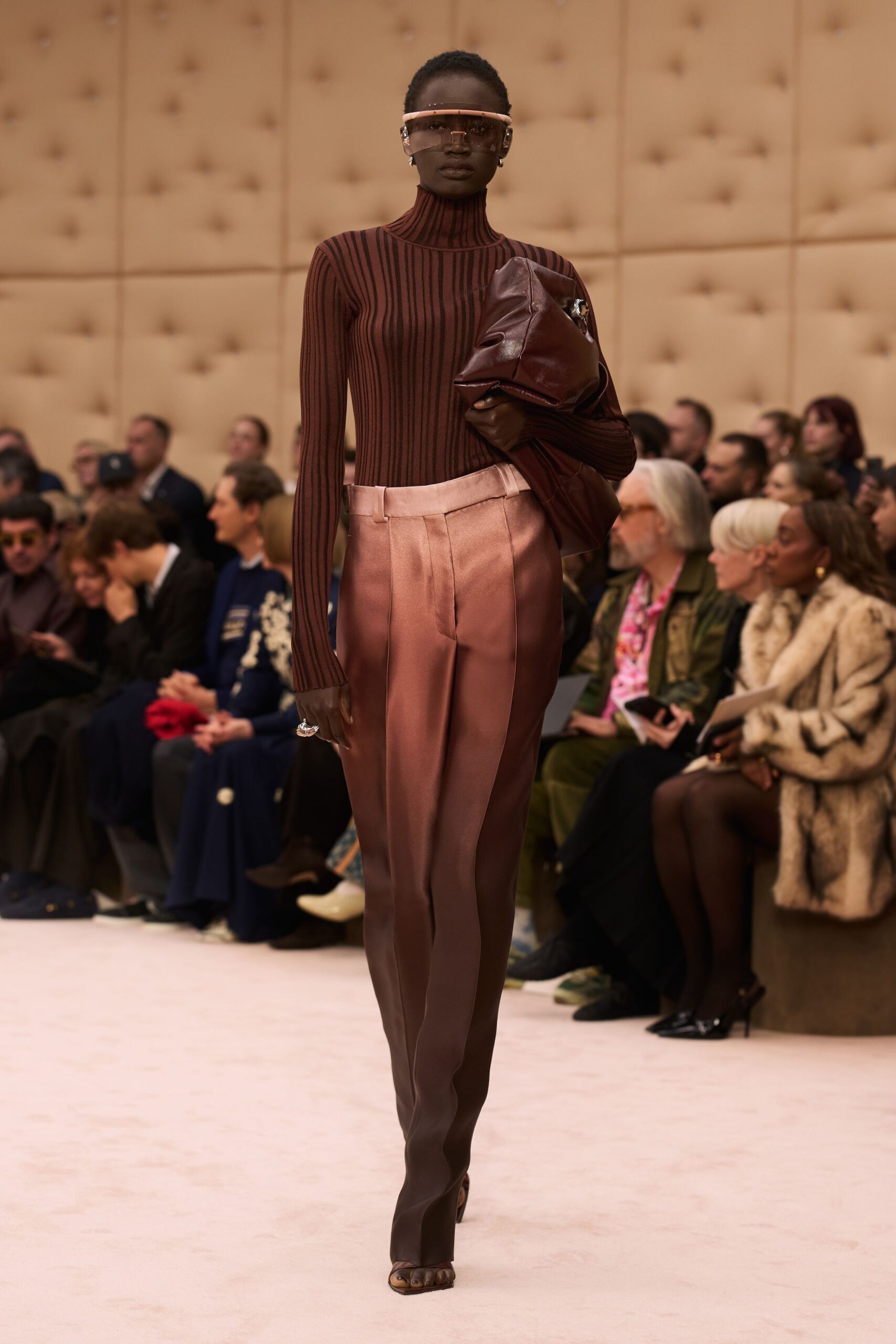 brown silk slim pleated pants