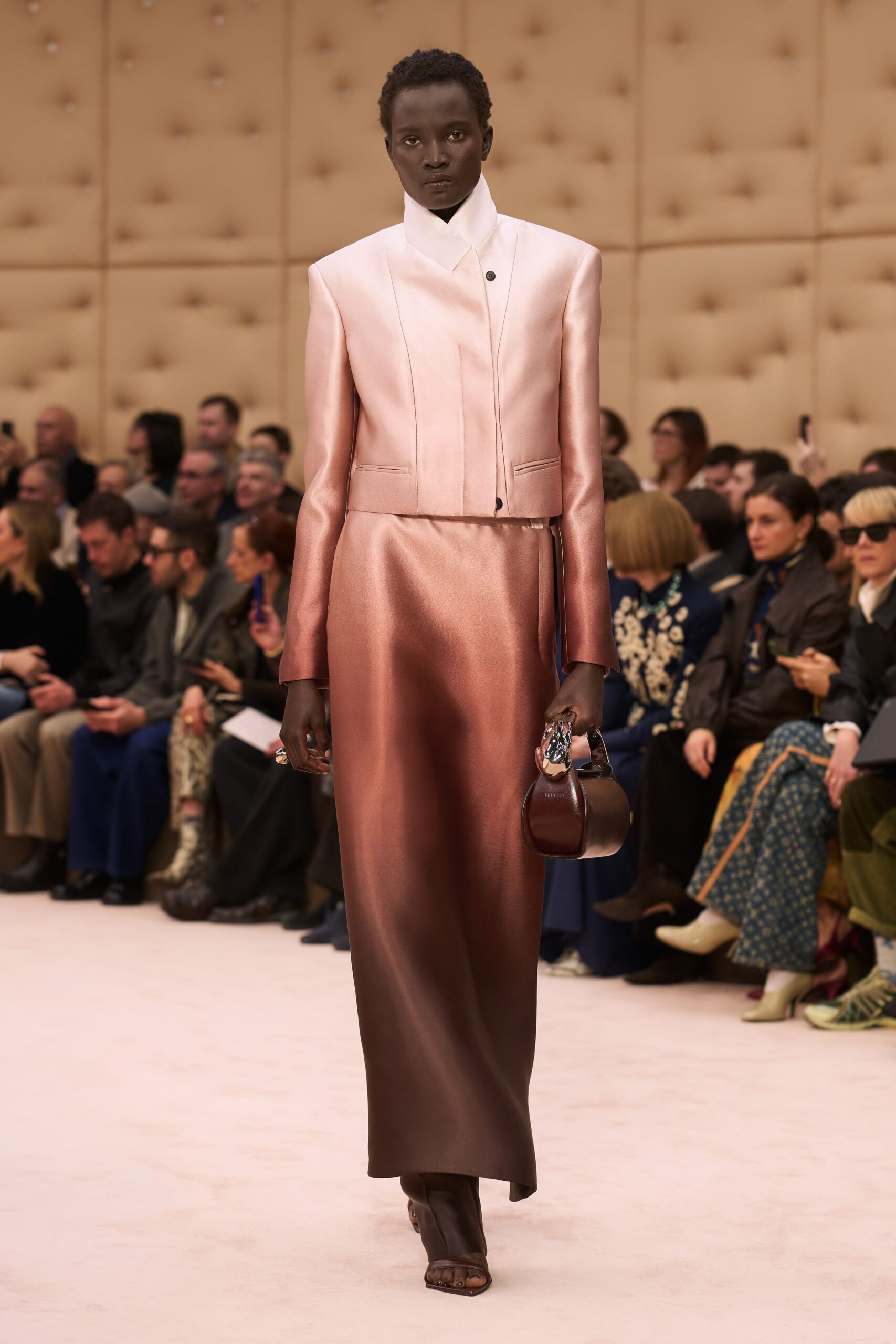 pink silk long-sleeve collared fitted zippered color-blocked gown