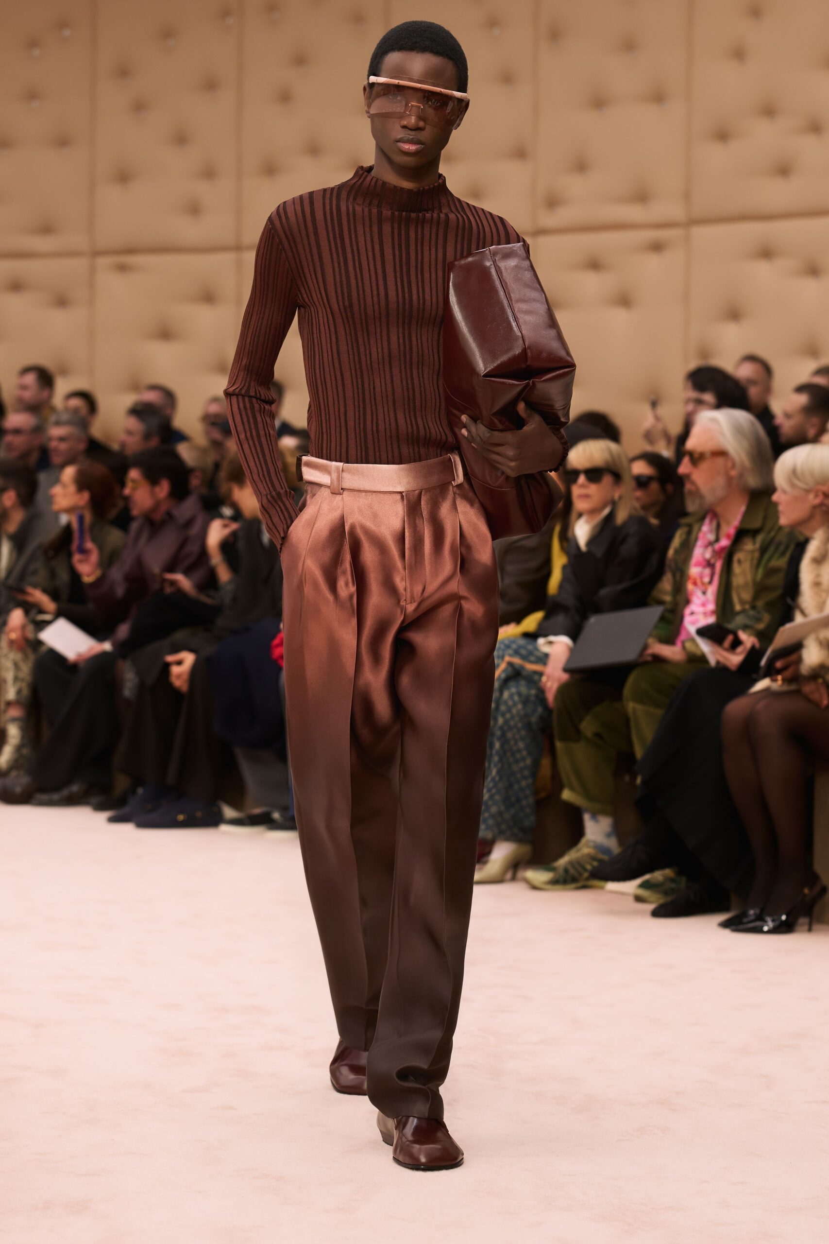 brown silk tailored straight-leg pants
