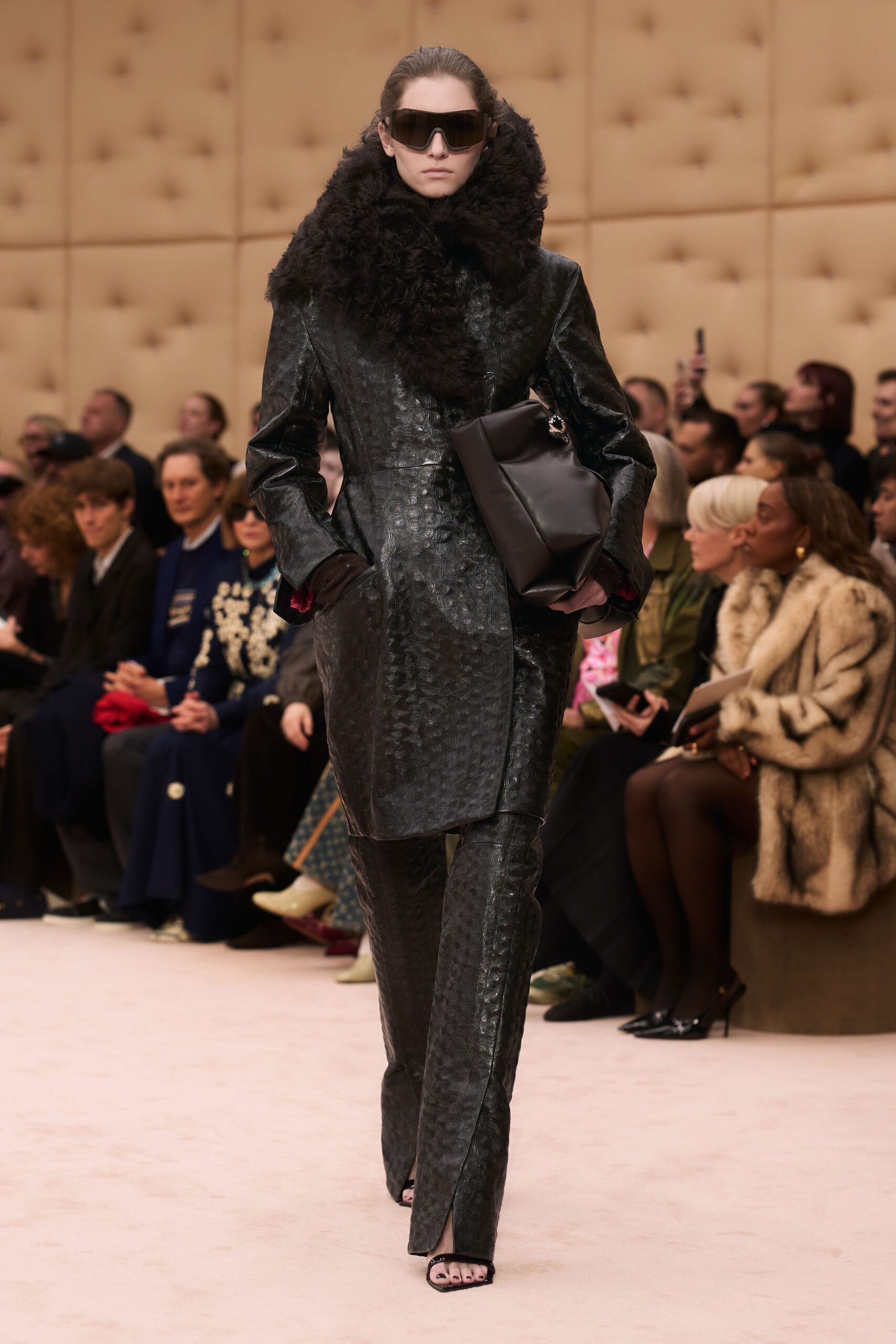 black leather long-sleeve collared fitted textured coat