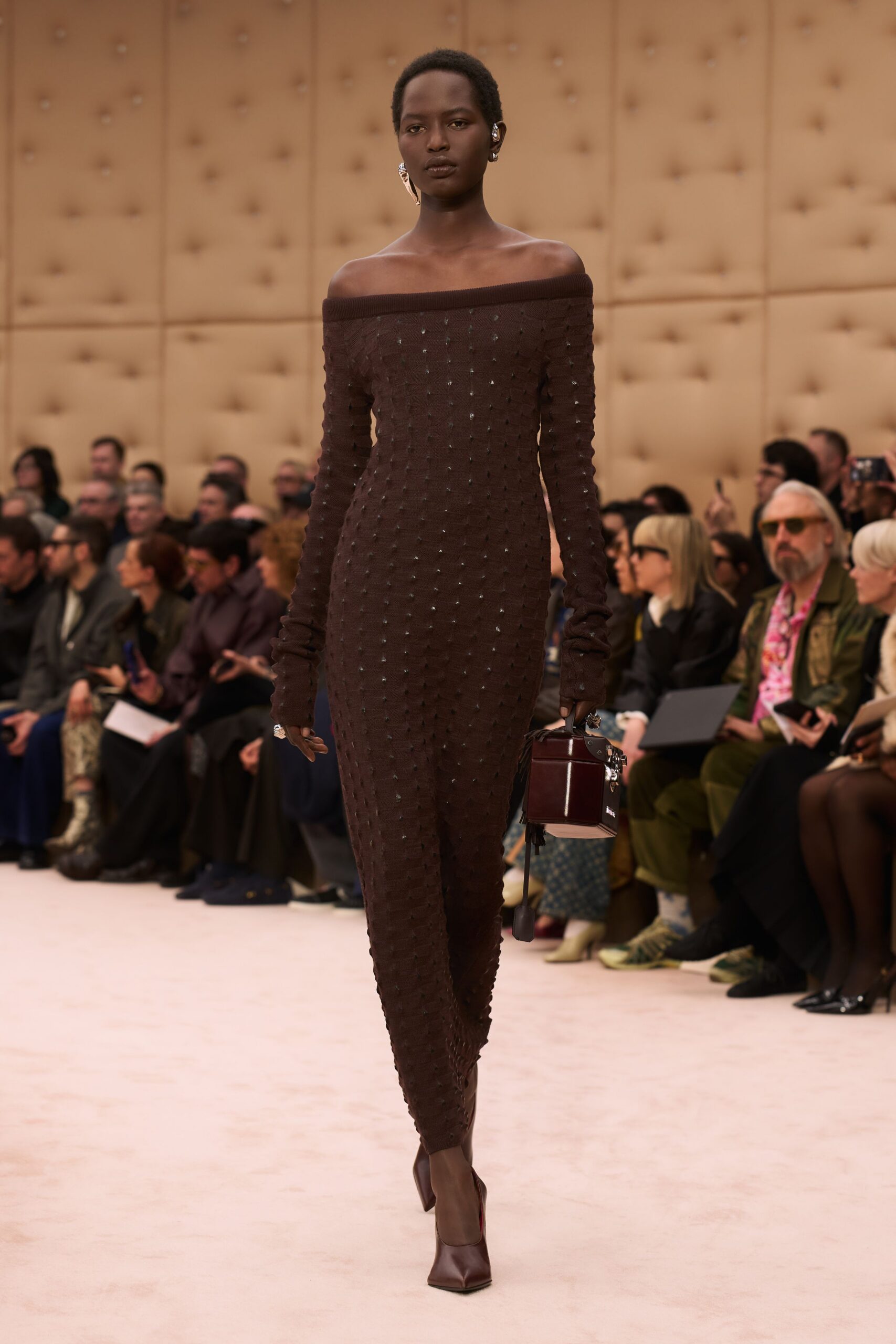 brown knit long-sleeve off-shoulder fitted textured midi dress