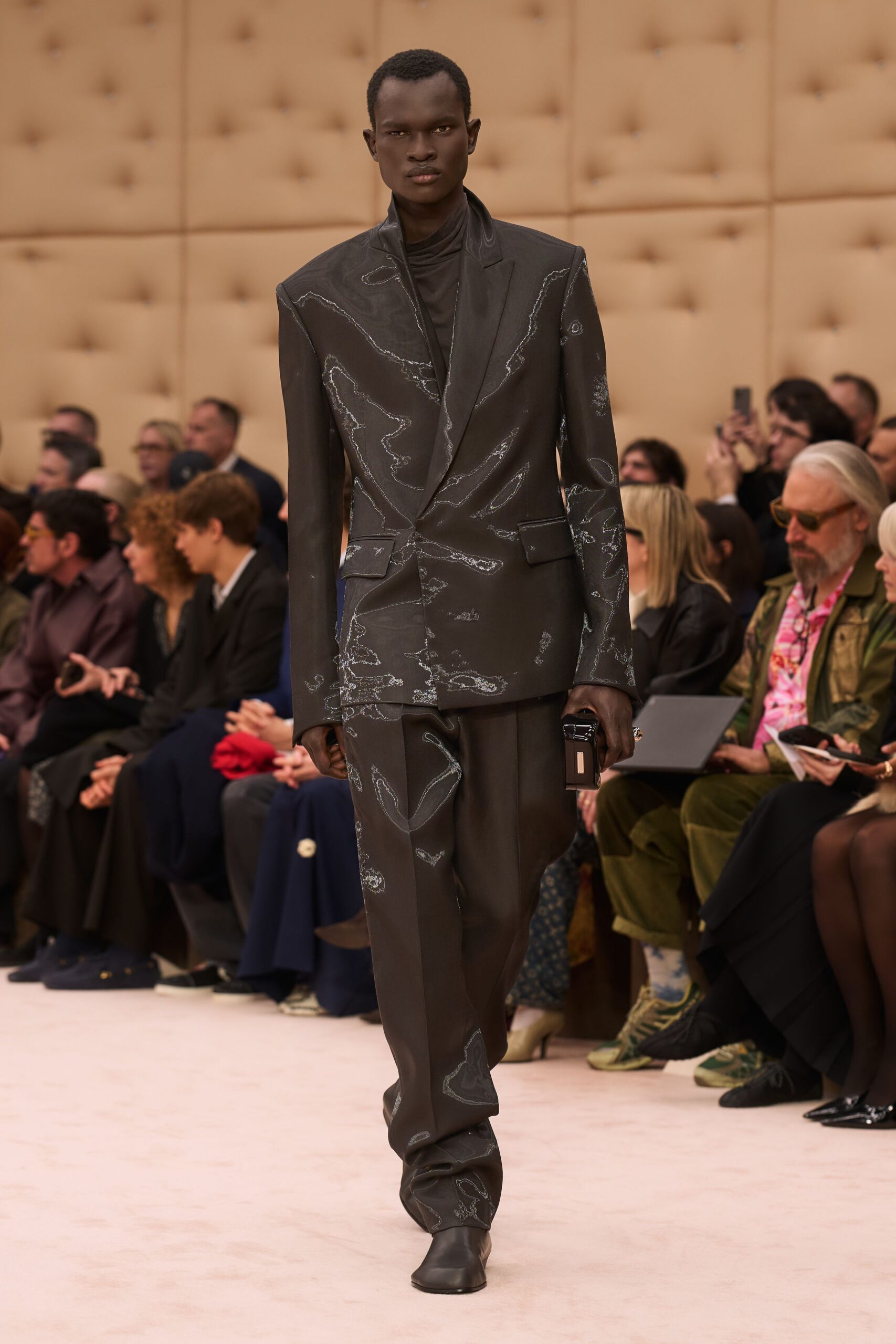 black tailored suit with embroidered details