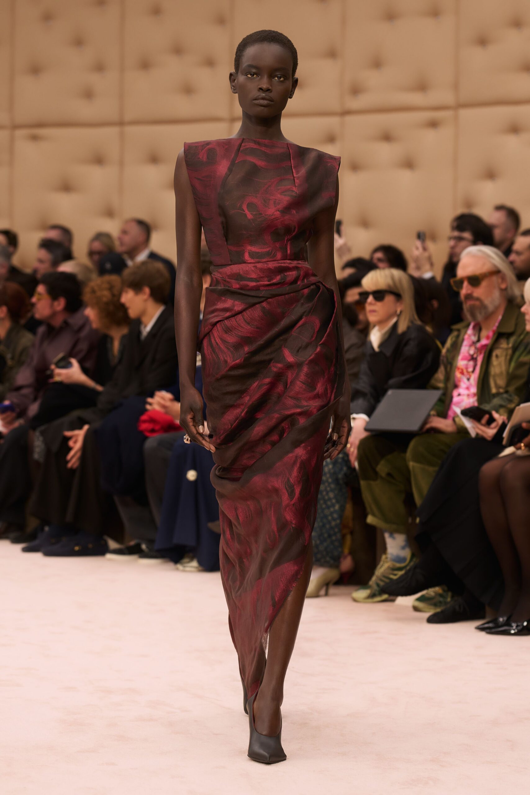 red silk sleeveless v-neck fitted draped layered gown