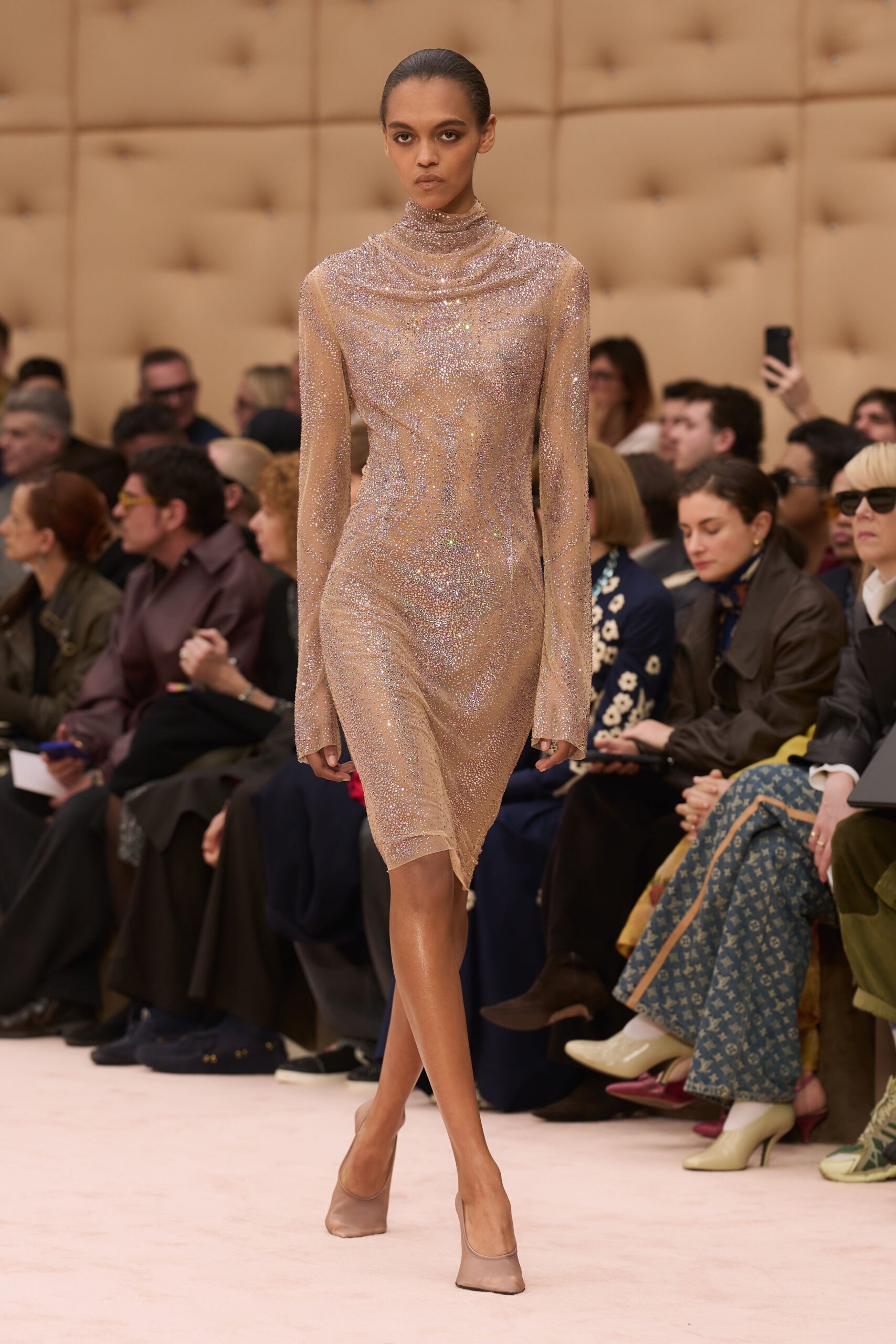 beige silk long-sleeve high-neck fitted sequined shiny dress