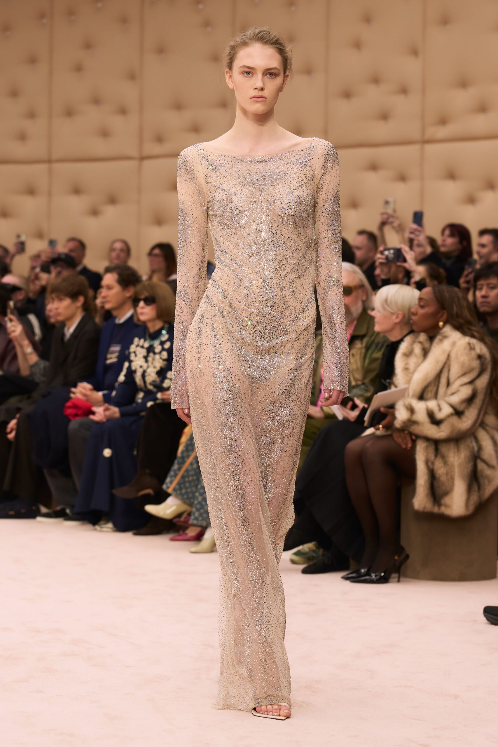 beige silk long-sleeve v-neck fitted sequined shiny gown
