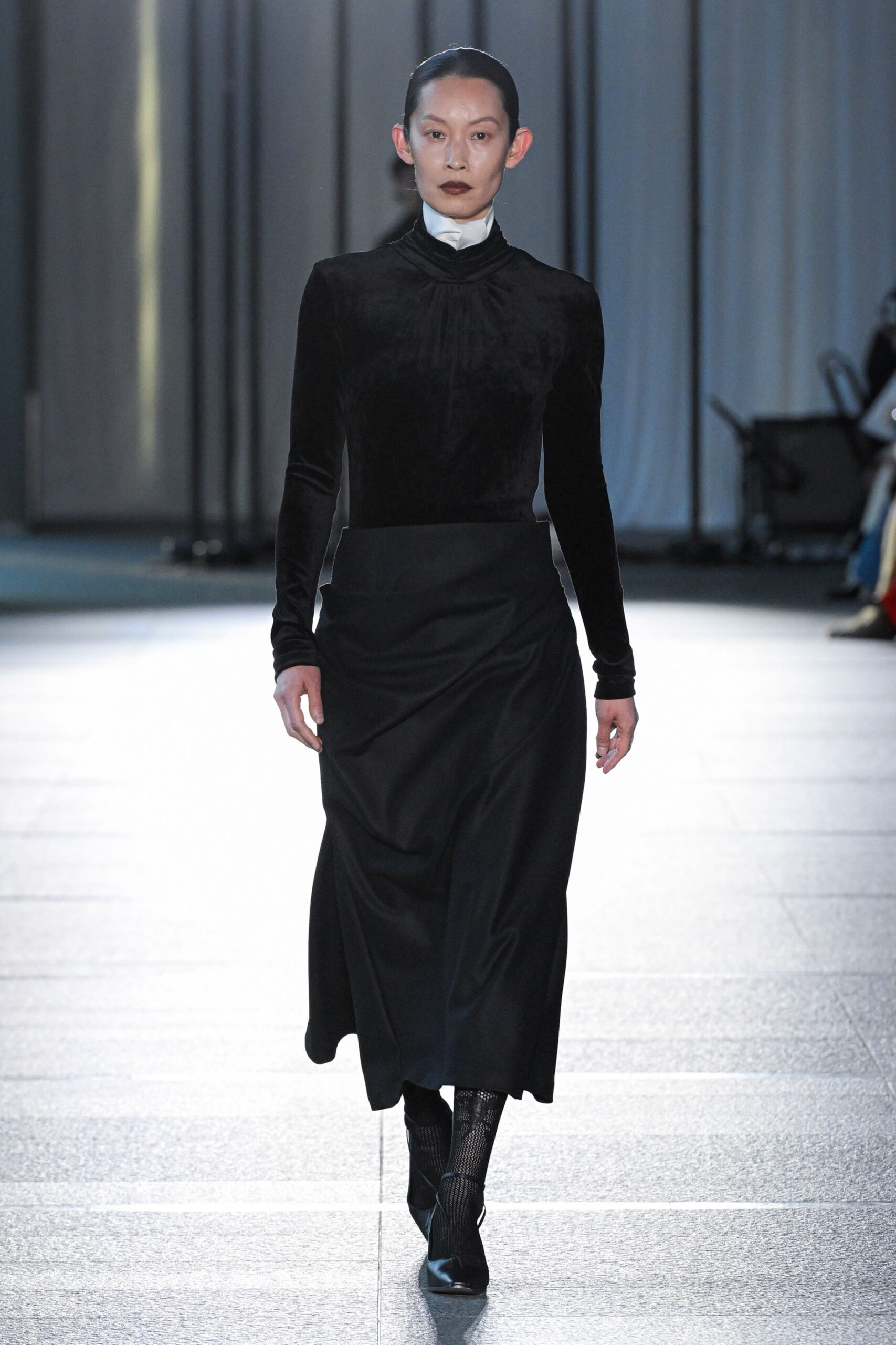 black velvet long-sleeve high-neck fitted straight-leg midi dress